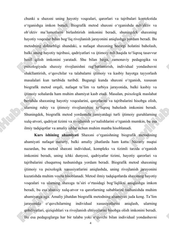 adi. shaxsni o‘rganishning biografik metodining ahamiyati kasbiy va ijtimoiy sohalarda ham o‘z ifodasini topadi. masalan, ijtimoiy tadqiqotlarda shaxslar va guruhlarning qadriyat tizimi, xulq-atvori va ijtimoiy moslashuv xususiyatlarini aniqlashda biografik metod samarali vosita hisoblanadi. shu tarzda, shaxsni chuqur o‘rganish natijasida ilmiy, psixologik, pedagogik va ijtimoiy sohalarda samarali tavsiyalar ishlab chiqish mumkin bo‘ladi. kurs ishining o’rganilganlik darajasi shaxsni o‘rganishning biografik metodiga bag‘ishlangan tadqiqotlar sohasida nafaqat xorijiy, balki o‘zbekistondagi ilmiy izlanishlar ham mavjud. xorijiy psixologiya va pedagogika adabiyotlarida biografik metod ko‘pincha shaxsning ijtimoiy va psixologik rivojlanishini, hayotiy qarorlar va tajribalar bilan bog‘liq jarayonlarni o‘rganishda qo‘llaniladi. masalan, g. allport, e. erikson va d. mcadams kabi olimlar shaxsning hayotiy voqealari va individual xususiyatlarini tahlil qilishda biografik yondashuvni rivojlantirgan. bu tadqiqotlar shaxsning ichki dunyosi, qadriyatlar tizimi, ijtimoiy munosabatlari va rivojlanish jarayonini tushunishda metodning samaradorligini namoyish etadi. o‘zbek psixologiya va pedagogika ilmiy manbalarida ham biografik metodga oid tadqiqotlar mavjud bo‘lib, ular shaxsni o‘rganishning pedagogik va psixologik amaliyotdagi …