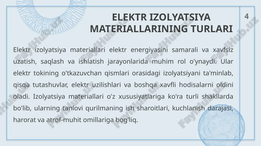 sharoitlari izolyatsiyaning barqarorligini sinaydi. qurilishda pvc, xlpe va kauchuk asosidagi materiallar sim izolyatsiyasida qo‘llaniladi, ular elektr oqimini sim ichida saqlab, qisqa tutashuv va yong‘in xavfini kamaytiradi. 15 16 xulosa elektr izolyatsiya materiallari zamonaviy texnika va energetika tizimlarining ajralmas qismi hisoblanadi. ular elektr toki o‘tishini cheklab, qurilmalarni qisqa tutashuv va shikastlanishlardan himoya qiladi.tadqiqotlar shuni ko‘rsatadiki, izolyatsiya materiallarining sifat ko‘rsatkichlari qurilmaning xizmat muddati, ishonchliligi va xavfsizligiga bevosita ta’sir ko‘rsatadi. shuning uchun material tanlashda ularning dielektrik mustahkamligi, issiqlikka chidamliligi, mexanik barqarorligi va ekologik xavfsizligi alohida e’tiborga olinadi.hozirgi kunda ilm-fan va texnologiyalar rivojlanishi bilan birga yangi kompozitsion va ekologik toza izolyatsion materiallar ishlab chiqilmoqda. 17 foydalanilgan adabiyotlar o‘zbekiston respublikasi “elektr energetikasi to‘g‘risida”gi qonuni. – toshkent, 2019. abdullayev a. elektr materialshunoslik. – toshkent: “fan va texnologiya”, 2021. g‘aniev m. elektr mashinalari va izolyatsiya tizimlari. – toshkent, 2020. raximov s. materiallarning elektr xossalari. – toshkent, 2019. xudoyqulov b. elektr texnika materiallari. – toshkent, 2018. k. karimov. …