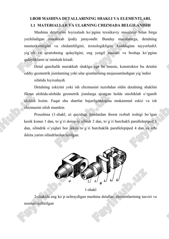 (ra, rz) katta-kichikligi bilan ifodalanadi. gost 2789-73 da 14 ta tozalik klassi qabul qilingan (10-jadval). tozalik klasslari yuza g`adir-budurligining son kiymati bilan belgilanadi. gost 2.309-73 da yuzalar g`adir-budurliklarini belgilash qoidalari keltirilgan. yuzalarning g`adir-budurligini belgilashda 3-shaklda tasvirlangan belgilarning biridan foydalaniladi. agar sirtlarga ishlov berish usuli konstruktor tomonidan belgilanmagan bo`lsa, 3-shakl, a da ko`rsatilgandek belgi qo`llanadi. 3-shakl yo`nish, frezalash, parmalash, protyajkalash, jilvirlash toshi bilan pardozlash natijasida hosil bo`lgan sirtlarning tozaligi 3-shakl, b da tasvirlangan belgi bilan ko`rsatiladi. qo`yish, bolg`alash, shtamplash, prokatlash va shu kabi usullar bilan yuzalarga ishlov berilganida sirtlar tozaligi, 3-shakl, v da ko`rsatilgan belgi bilan ko`rsatiladi. aynan shu belgi bilan mazkur chizma bo`yicha ishlov berilmaydigan sirtlar ham belgilanadi. belgilarning balandligi h aynan shu chizma uchun qabul qilingan o`lcham sonlarining balandligiga teng. balandlik h q (1,5-3) h olinadi (3-shakl). o`quv chizmalarida tochkali belgilardan foydalanish tavsiya etilmaydi. tozalik belgilarini kontur, chiqarish chiziqlari yoki chiqarish chiziqlarining tochkalariga qo`yish mumkin (4-shakl). sirtlar g`adir-budurligini gost …
