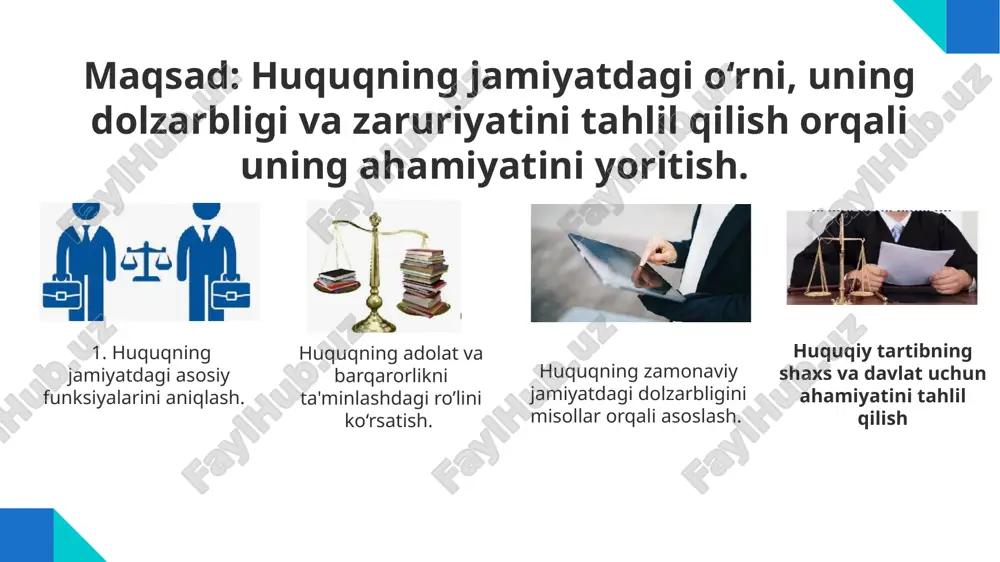 turi davlat ishtiroki shaxslar huquqi o'zbekistondagi asosiy qonun konstitutsiyaviy yuqori (davlat tuzilishi) asosiy huquqlar konstitutsiya (1992) jinoyat yuqori (jazo) himoya huquqi jinoyat kodeksi (1994) fuqarolik past (nizolar hal qilish) mulk va shartnoma fuqarolik kodeksi (1996) xulosa huquqiy barqarorlikning yo‘qligi esa jamiyatda tartibsizlik va ishonchsizlikka olib keladi. suriya yoki afg‘oniston kabi mamlakatlarda uzoq davom etgan ichki nizolar va qonun ustuvorligining zaifligi iqtisodiy va ijtimoiy taraqqiyotga jiddiy to‘siq bo‘lib kelmoqda. bu holat huquqning jamiyat taraqqiyotidagi muhim rolini yana bir bor tasdiqlaydi. foydalanilgan adabiyotlar ortiqov x., ergashev q. va boshqalar. davlat va huquq nazariyasi. – toshkent: “adolat”, 2019. yo‘ldoshev q.x., toshqulov i., toshaliyev s. huquqshunoslik asoslari. – toshkent: “sharq”, 2018. turaev e. huquq asoslari. – toshkent: “yangi asr avlodi”, 2020. sodikov a.x. huquqshunoslik. – toshkent: “o‘zbekiston”, 2021. bekmurodov a.b. davlat va huquq nazariyasi asoslari. – toshkent: “iqtisodmoliya”, 2020. image1.png image2.png image3.png image4.png image5.png image6.png image7.png image8.png image9.jpeg image10.png image11.png image12.png image13.png image14.jpeg image15.png …