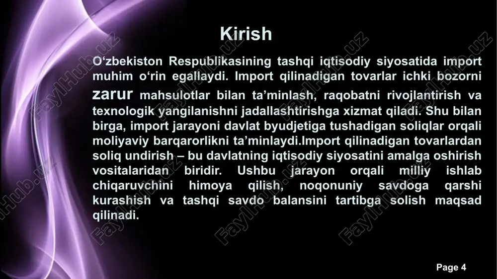 liqlari undiriladi. ushbu soliqlarni to‘g‘ri hisoblash va o‘z vaqtida to‘lash davlat nazoratining muhim yo‘nalishlaridan biridir.so‘nggi yillarda bojxona tizimining raqamlashtirilishi, “yagona darcha” tamoyilining joriy etilishi va soliq imtiyozlarining kengaytirilishi import tartiblarini soddalashtirdi. xulosa page ‹#› foydalanilgan adabiyotlar o‘zbekiston respublikasi soliq kodeksi. – toshkent: adolat, 2023. o‘zbekiston respublikasi bojxona kodeksi. – toshkent: adolat, 2022. “bojxona to‘g‘risida”gi o‘zbekiston respublikasi qonuni, 1997-yil 29-avgust. “o‘zbekiston respublikasining tashqi iqtisodiy faoliyati to‘g‘risida”gi qonun, 2020-yil 25-iyun. o‘zbekiston respublikasi prezidentining “tashqi savdo faoliyatini soddalashtirish va eksport-import tartib-taomillarini takomillashtirish chora-tadbirlari to‘g‘risida”gi farmoni, 2021-yil 24-noyabr. page ‹#› image11.png image12.png image13.png image14.png image15.png image16.png image17.png image18.png image19.png image20.png image1.jpeg image10.jpeg image2.jpeg image3.jpeg image4.jpeg image5.jpeg image6.jpeg image7.jpeg image8.jpeg image9.jpeg /docprops/thumbnail.jpeg