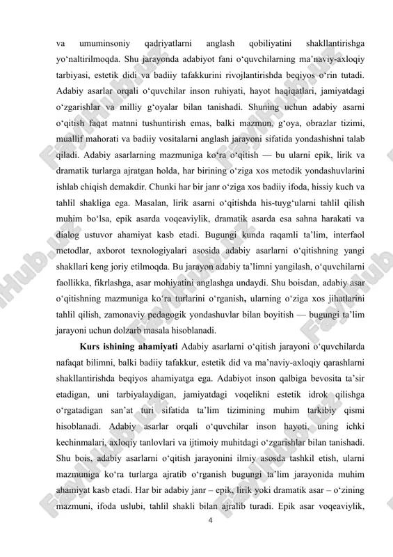 alar va muammoli o‘qitish uslublarining qo‘llanilishi adabiy ta’lim mazmunini yanada boyitadi, o‘quvchilarning darsdagi faolligini oshiradi va ularda asar mohiyatini chuqur anglashga bo‘lgan qiziqishni kuchaytiradi. prezident sh.m. mirziyoyevning “yoshlarimizni milliy va jahon adabiyoti durdonalari bilan tanishtirish, ularni o‘qishga, fikrlashga va hayotdan saboq olishga o‘rgatish – bu o‘qituvchining eng muhim vazifasidir” degan fikri mazkur mavzuning dolzarbligini yanada oshiradi. mavzunng maqsadi adabiy asarlarni o‘qitish jarayonida ularning mazmuniga ko‘ra turlarini aniqlash, har bir turga xos metodik yondashuvlarni ilmiy asoslash hamda o‘quvchilarda badiiy tafakkur, estetik idrok va mustaqil fikrlash ko‘nikmalarini shakllantirishga xizmat qiluvchi samarali usullarni ishlab chiqishdan iboratdir. mavzuning vazifalari — adabiy asar o‘qitishning mazmuniga ko‘ra turlarini o‘rganish va ularning o‘ziga xos jihatlarini aniqlash; — har bir turdagi asarni o‘qitish jarayonida qo‘llaniladigan samarali metod va yondashuvlarni tahlil qilish; — o‘quvchilarda badiiy asarni anglash, tahlil qilish va baholash ko‘nikmalarini shakllantirish yo‘llarini ko‘rsatish; — adabiy asar turlarining o‘quvchilarning ma’naviy-axloqiy tarbiyasiga ta’sirini aniqlash; — o‘qituvchining adabiy asar ustida …