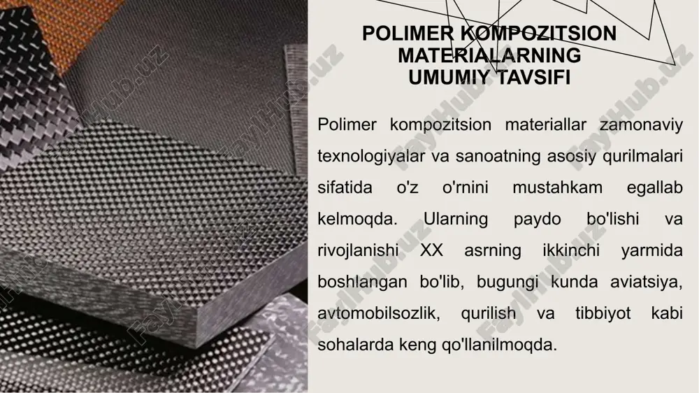 it materiallarning qo‘llanilishi implantlar va protezlar ishlab chiqarishda inqilobiy o‘zgarishlar keltirmoqda. cfrp va peek (polietereterketon) asosidagi kompozitlar sonli protezlar, suyak plitalari va kalitlarda ishlatiladi, chunki ularning og‘irlik nisbati yuqori va biologik mosligi (biokompatibilligi) ta’minlangan. masalan, 1973-yilda birinchi marta poliasetal kopoliomer asosidagi sonli protez implantatsiya qilingan bo‘lib, bu metall implantlarga nisbatan og‘irlikni 30 foizga kamaytirgan va suyak o‘sishini rag‘batlantirgan. xulosa polimer kompozitsion materiallar zamonaviy texnologiyalar rivojida muhim o‘rin egallaydi. ular yuqori mexanik mustahkamlik, yengillik, issiqlikka va kimyoviy ta’sirlarga chidamlilik kabi afzalliklari bilan ko‘plab sohalarda an’anaviy materiallarni siqib chiqarmoqda.maxsus xususiyatlarga ega kompozitlar, xususan, elektr o‘tkazuvchan, issiqlikka bardoshli yoki korroziyaga chidamli turlari ishlab chiqarish samaradorligini oshiradi va mahsulotlarning xizmat muddatini uzaytiradi foydalanilgan adabiyotlar 18 po‘latov a., xolmatov i. polimer materiallar texnologiyasi. – toshkent: “fan va texnologiya”, 2021. ahmedov r. kompozitsion materiallar va ularning turlari. – namangan: ndpi nashriyoti, 2020. karimov b. materialshunoslik asoslari. – toshkent: “o‘zbekiston milliy ensiklopediyasi”, 2019. ismoilov s. polimerlarning fizik …