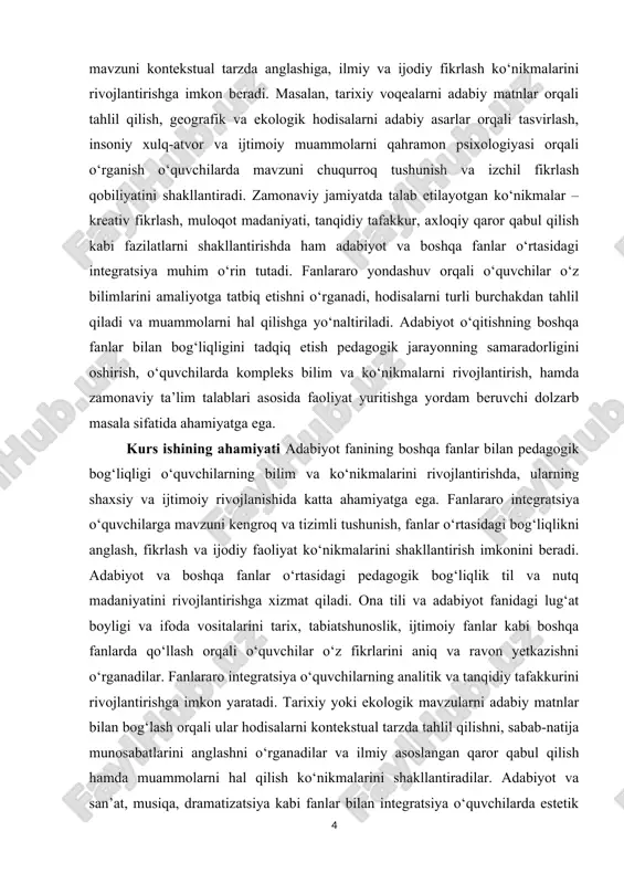 i tahlil qilish orqali o‘quvchilar axloqiy qadriyatlarni, insoniy fazilatlarni va jamiyatdagi o‘z o‘rnini anglashni o‘rganadilar. shu sababli adabiyot fanini boshqa fanlar bilan bog‘lash pedagogik jarayonning samaradorligini oshiradi va o‘quvchilarning akademik bilimlari bilan birga shaxsiy, ijtimoiy va ijodiy ko‘nikmalarini rivojlantirishga xizmat qiladi. mavzuning maqsadi adabiyot fanining boshqa fanlar bilan pedagogik bog‘liqligini aniqlash va fanlararo integratsiya orqali o‘quvchilarning bilim, ko‘nikma, fikrlash va ijodiy faoliyatini rivojlantirish yo‘llarini o‘rganishdan iborat. tadqiqot o‘quv jarayonida adabiyot va boshqa fanlar o‘rtasidagi bog‘liqlikning ta’lim sifatiga ta’siri, o‘quvchilarning mavzuni chuqurroq tushunishi, ularni kompleks va tanqidiy fikrlashga jalb etish, shaxsiy va ijtimoiy rivojlanishiga qo‘shadigan hissasini aniqlashga qaratilgan. mavzuning vazifasi · adabiyot fanining ta’lim va tarbiya jarayonidagi pedagogik ahamiyatini tahlil qilish · adabiyot va boshqa fanlar o‘rtasidagi o‘zaro bog‘liqlikni aniqlash · fanlararo integratsiya orqali o‘qitish metodlari va usullarini o‘rganish · o‘quvchilarning mavzuni chuqurroq tushunishi va fikrlash ko‘nikmalarini rivojlantirishga yo‘naltirilgan amaliy tavsiyalar ishlab chiqish mavzuning obyekti o‘quvchilarning adabiyot va boshqa fanlar bilan …