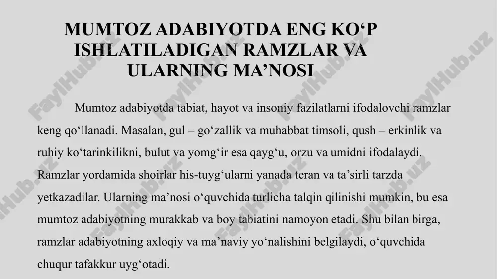 a’naviy qadriyatlar tasvirlanadi. shu tarzda, ramz va timsollar o‘quvchiga nafaqat estetik zavq, balki axloqiy va ma’naviy tafakkur beradi, bu esa mumtoz adabiyotning boyligi va o‘ziga xosligini namoyon etadi. e’tiboringiz uchun tashakkur! image2.jpeg image3.png image1.jpeg