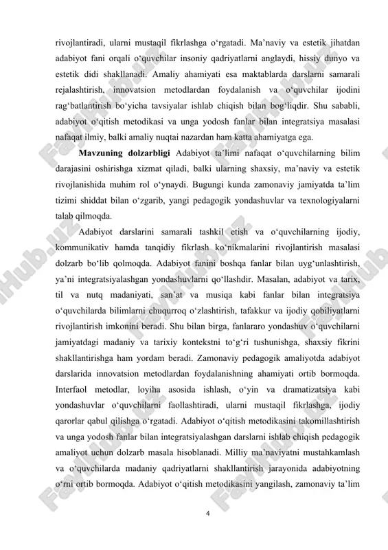a oladi. amaliy nuqtai nazardan, tadqiqot natijalari maktablarda adabiyot darslarini samarali rejalashtirish, innovatsion va interfaol metodlarni qo‘llash, o‘quvchilarning ijodiy faoliyatini rag‘batlantirish va baholash tizimini takomillashtirishga xizmat qiladi. shu sababli, adabiyot oʻqitish metodikasi va unga yodosh fanlar bilan integratsiya masalasi nafaqat nazariy, balki amaliy ahamiyatga ham ega bo‘lib, ta’lim sifatini oshirish va o‘quvchilarning shaxsiy rivojlanishini ta’minlashda muhim rol o‘ynaydi. mavzuning maqsadi adabiyot oʻqitish metodikasini nazariy va amaliy jihatdan tahlil qilib, unga yodosh fanlar bilan integratsiyani o‘rganish, o‘quvchilarning ijodiy va kommunikativ ko‘nikmalarini rivojlantirish yo‘llarini aniqlashdan iborat. tadqiqot orqali adabiyot darslarini samarali tashkil etish, innovatsion va interfaol metodlarni qo‘llash, fanlararo yondashuvni joriy etish, o‘quvchilarning tafakkur va nutq madaniyatini rivojlantirish bo‘yicha metodik tavsiyalar ishlab chiqish ko‘zda tutilgan. mavzuning vazifalari · adabiyot oʻqitish metodikasining nazariy asoslarini o‘rganish va tahlil qilish · adabiyot darslarida an’anaviy va innovatsion metodlarning samaradorligini aniqlash · adabiyot fani va unga yodosh fanlar – tarix, til va nutq madaniyati, san’at va musiqa …
