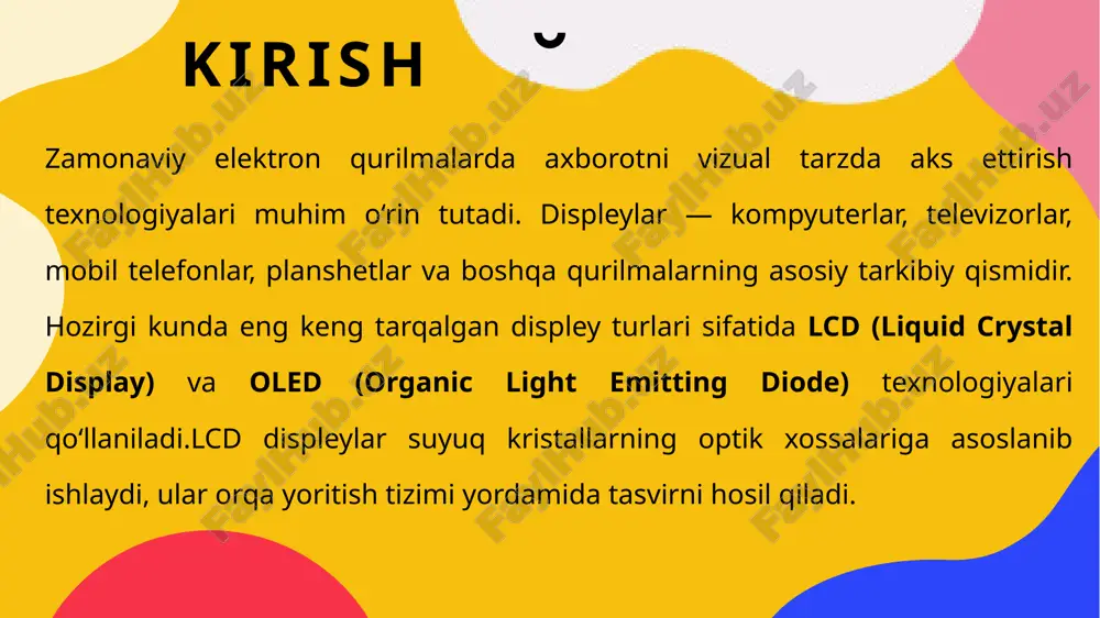 igi bilan 1,07 milliard rangni ta'minlaydi. 15 mobil qurilmalar va televizorlarda qo‘llanish sohalari mobil qurilmalarda (smartfonlar va planshetlar) oled texnologiyasi premium segmentda hukmronlik qiladi, chunki uning ingichka dizayni va yuqori kontrasti qurilmani ixcham va jozibali qiladi. masalan, apple iphone x dan boshlab oled ekranlar standart bo'lib, ularning cheksiz kontrasti va keng ko'rish burchaklari (170 daraja) video tomosha va o'yinlarda ajoyib tajriba beradi. samsung galaxy s seriyasidagi oled ekranlar 120 gts yangilanish tezligi bilan silliq animatsiyani ta'minlaydi, ammo burn-in xavfi statik interfeys elementlarida (masalan, batareya ko'rsatkichi) muammo tug'dirishi mumkin. 16 xulosa oled va lcd displeylar zamonaviy elektron qurilmalarda eng ko‘p qo‘llaniladigan texnologiyalardir. ularning har biri o‘ziga xos tuzilish, ishlash prinsipi va afzalliklarga ega.lcd displeylar arzon narxi va keng tarqalganligi bilan ajralib tursa, oled displeylar yuqori sifatli rang uzatish, kontrast va energiya tejamkorligi bilan ustunlik qiladi.bugungi kunda ishlab chiqaruvchilar displey texnologiyalarini takomillashtirishga katta e’tibor qaratmoqda. kelajakda oled texnologiyasi yanada rivojlanib, ko‘plab sohalarda …