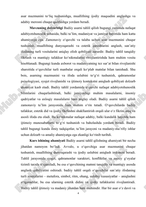 o‘ynaydi. bu jarayon asarning mazmunini chuqur anglash, muallif g‘oyasini tushunish, tanqidiy fikrlashni rivojlantirish va san’atiy didni shakllantirish imkonini beradi, shuningdek, yosh avlodni madaniy va ma’rifiy jihatdan boyitadi. mavzuning maqsadi o‘quvchi yoki tadqiqotchiga asarning ichki tuzilishini, syujet va qahramonlar xarakterini, konfliktlar va ularning rivojlanishini, shuningdek, muallifning g‘oya va dunyoqarashini aniqlash imkonini berishdir. tahlil jarayoni orqali asardagi obrazlar tizimi, til va uslub xususiyatlari, metafora va symbolik ifodalar o‘rganiladi, bu esa o‘quvchining estetik tafakkurini, san’atiy didini va ijodiy qarashlarini rivojlantiradi. mavzuning vazifasi · asarning syujetini, qahramonlar xarakterini va konfliktlarni aniqlash. · muallif g‘oyasi va asardagi asosiy mavzuni tushunish. · asardagi til va uslub xususiyatlarini, metafora, simbol va boshqa badiiy vositalarni tahlil qilish. · qahramonlarning psixologik portretini va ichki dunyosini o‘rganish. · asarni ijtimoiy, tarixiy va madaniy kontekstda tahlil qilish. · o‘quvchida tanqidiy fikrlash va mantiqiy tafakkur ko‘nikmalarini rivojlantirish. · estetik did va ijodiy tafakkurni shakllantirish. · turli badiiy tahlil turlarini qo‘llash orqali asarni …