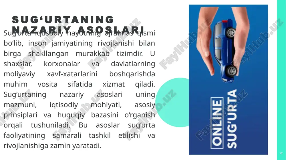 os sharoitlari, xalqaro tajribalar va texnologik innovatsiyalar hisobga olinadi. 13 o‘zbekistonda sug‘urta bozorining hozirgi holati o‘zbekiston sug‘urta bozori so‘nggi yillarda sezilarli o‘sish sur’atlari bilan rivojlanmoqda, bu mamlakat iqtisodiyotining umumiy transformatsiyasi va moliyaviy bozorlarning liberallashuvi bilan uzviy bog‘liq. 2025-yilning birinchi yarmida bozorning umumiy hajmi 46 foizga oshib, sug‘urta mukofotlari 5,85 trillion so‘mni tashkil etdi. bu ko‘rsatkich oldingi davrga nisbatan 39,6 foizga yuqori bo‘lib, ayniqsa hayotni sug‘urtalash segmentining dinamik o‘sishini aks ettiradi 14 sug‘urta tizimini takomillashtirish istiqbollari 15 sug‘urta akademiyalarini kuchaytirish, xalqaro sertifikatsiyalarni joriy etish. iqlim va kibertahdidlarga qarshi maxsus fondlar tashkil etish, qayta sug‘urta shartnomalarini ko‘paytirish. 1. regulyatorlik islohotlar litsenziya berish jarayonini soddalashtirish va risk-based kapital talablarini joriy etish orqali bozorni ochiqroq qilish 2. inkluziv sug‘urta kengaytirish qishloq aholisi va kichik biznes uchun arzon mahsulotlar ishlab chiqish, davlat subsidiyalari bilan 3. raqamli transformatsiya milliy sug‘urta platformasini yaratish, ai va iot ni integratsiya qilish. 4. kadrlar va ta’lim 5. raqamli transformatsiya xulosa …