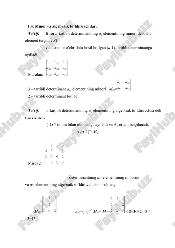 a teng bo’ladi. am×n ×bp×q=cmq c=a×b= ikkita matritsaning ko’paytmasi yana matritsa bo’lib, uning cij elementi a matritsaning i-yo’lida-gi hamma elementlarini b matritsaning j-ustundagi mos elementlariga ko’paytmalarining yig’indisi-dan iborat bo’ladi. cij=aijbij+ai2b2j+…+ainbnj= ; misol: . a va b matritsalar uchun a·b≠ba ya’ni matritsalar ko’paytmasi uchun kommutativlik kassasi o’rinli emas: misol : a= b= a×b=×= b×a ko’rinib turibdiki a·b±b·a . bevosita tekshirish yo’li bilan quyidagi: 1) (ba) ·b=a· (ab) =a (ab) a-son 2) (a+b) ·c= a·c+b·c 3) c (a+b) = ca+cb 4) a (b·c) = (a·b) c xossalari o’rinli ekaniga ishonch hosil qilish mumkin. agar a va b n×n o’lchamli kvadrat matritsalar bo’lsa, u holda 1º det (ab) =deta · detb 2º det (λa) = λndeta. munosabatlar o’rinli bo’ladi. ta’rif 3: agar barcha i,j lar uchun aijt=aji bo’lsa, at=||atij|| matritsani a=||aij|| matritsaga transponirlangan matitsa deymiz. agar a n×m o’lchamli matritsa bo’lsa, at=n×m o’lhcamli matitsa bo’ladi. misol. 1) a= at= 2) b= quyidagi xossalar …
