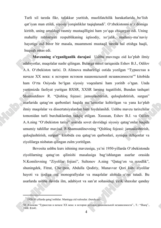 illarida qatag‘on qurbonlari xotirasini abadiylashtirish borasidagi ishlarga baho berish; · qatag‘on siyosatining jamiyatga, ayniqsa intellektual qatlamga ko‘rsatgan salbiy ta’sirini yoritish. kurs ishining ob’yektini o‘zbekistonda 1950-yillarda ziyolilarning qatag’on qilinishi tashkil etadi. kurs ishining predmetini qatag‘onlik siyosatining asosiy omillari va amalga oshirilishi, 1950-yillarda o‘zbekistonda amalga oshirilgan qatag‘onlik siyosati va uning ziyolilar hayotiga ta’sirini o‘rganish. kurs ishining tuzilishi. kirish, ikki bob, 4 ta paragraph, xulosa, foydalanilgan adabiyotlar ro‘yxatidan iborat. i bob. qatag‘onlik siyosatining asosiy omillari va amalga oshirilishi. 1.1 qatag‘on siyosatining mazmun mohiyati va omillari o‘zbekistondagi vatanparvar, millatparvar kayfiyatida bo‘lgan rahbar xodimlarni birlashtirgan “o‘n sakkizlar guruhi”, “inog‘omovchilik”, «qosimovchilik», «badriddinovchilik», «ko‘r kalamush» kabi o‘nlab guruhlarga qarshi qatag‘on qo‘llandi. sovetlar davrida yozilgan adabiyotlarda «18lar guruhi» o‘zbekiston kompartiyasi saflarida aksilfirqaviy guruh sifatida baholanadi. go‘yoki bu guruhga a’zo bo‘lgan fayzulla xo‘jaev, inomjon xidiraliev, u.ashurov, r.rahimboboev, u.eshonov, rahmat rafiqov va boshqalar kompartiyaning yer-suv islohotiga qarshi chiqqan, boy-quloq manfaatlarini himoya qilgan va mahalliy burjua millatchiligi g‘oyasini ilgari surgan, degan …