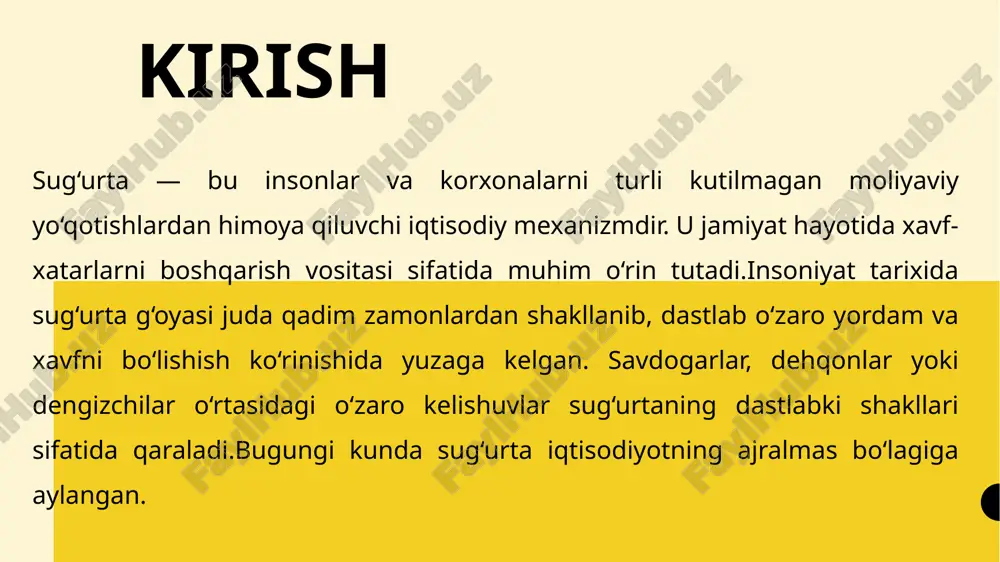 soniyat tarixining eng qadimiy iqtisodiy institutlaridan biridir. u dastlab o‘zaro yordam shaklida paydo bo‘lib, vaqt o‘tishi bilan murakkab moliyaviy tizimga aylandi.qadimiy misr, bobil va rim davrlaridagi xavfni bo‘lishish amaliyotlari keyinchalik yevropa mamlakatlarida professional sug‘urta kompaniyalarining tashkil topishiga asos bo‘ldi.o‘zbekistonda sug‘urta tizimi sovet davrida shakllana boshlagan bo‘lsa-da, mustaqillik yillarida u yangi bosqichga ko‘tarildi. bugun milliy sug‘urta bozori raqobatbardosh, zamonaviy xizmatlar asosida rivojlanmoqda.sug‘urta jamiyatda iqtisodiy xavfsizlikni mustahkamlash, tadbirkorlik faoliyatini qo‘llab-quvvatlash va ijtimoiy barqarorlikni ta’minlashda muhim rol o‘ynaydi. foydalanilgan adabiyotlar 18 o‘zbekiston respublikasi “sug‘urta faoliyati to‘g‘risida”gi qonuni. – toshkent, 2002. o‘zbekiston respublikasi prezidentining “sug‘urta bozorini rivojlantirish chora-tadbirlari to‘g‘risida”gi farmoni. – toshkent, 2019. “sug‘urta faoliyati to‘g‘risida”gi yangi tahrirdagi qonun. – toshkent, 2022. qodirov a., to‘xtasinov b. sug‘urta ishi asoslari. – toshkent: iqtisodiyot, 2018. xolmirzayev m. moliyaviy tizim va sug‘urta faoliyati. – toshkent: tdiu, 2020. po‘latov n. sug‘urta xizmatlari bozori. – toshkent: fan, 2017. karimov b. sug‘urta va qayta sug‘urta mexanizmlari. – toshkent: iqtisodiyot, 2016. …