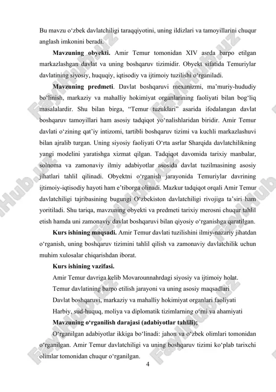 uqiy-harbiy manba sifatida ilmiy izlanishlarning asosini tashkil etadi. so‘nggi yillarda norqulova d. (2024) o‘z maqolalarida temur siyosatining ijtimoiy farovonlik va barqarorlikni ta’minlashdagi o‘rnini tahlil qilgan. shuningdek, kadyrov t. va ismanov a. tomonidan olib borilgan tadqiqotlarda temurning markaziy osiyo tarixidagi roli hamda uning davlatchilik tajribasining zamonaviy ahamiyati yoritilgan. umuman olganda, ushbu manbalar majmuasi amir temur davlatining shakllanishi, boshqaruv tizimi va tarixiy merosini ilmiy-nazariy jihatdan chuqur o‘rganish imkonini beradi. i bob. amir temur davlati shakllanishining tarixiy sharoitlari 1.1. amir temur davriga kelib movarounnahrdagi siyosiy va ijtimoiy holat xiii asr boshlarida chingizxon boshchiligidagi mo‘g‘ul lashkarlarining movarounnahr va xorazmshohlar davlati hududlariga bostirib kirishi o‘rta osiyoning siyosiy, iqtisodiy va madaniy hayotida chuqur iz qoldirdi. 1219–1221-yillar oralig‘ida amalga oshirilgan istilolar natijasida samarqand, buxoro, urganch, marv kabi gullab-yashnagan shaharlar vayron qilindi, ko‘plab aholi halok bo‘ldi va mavjud davlat tuzilmalari butunlay inqirozga uchradi. mo‘g‘ul bosqinidan so‘ng movarounnahr chag‘atoy ulusi tarkibiga kiritildi,[footnoteref:0] ammo bu hududda markazlashgan siyosiy boshqaruv tizimi …
