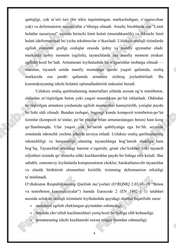 i grafigi oraliqlar orasida ijobiy va manfiy qiymatlar oladi: markazda ijobiy moment (egilish), tayanchlarda esa manfiy moment (teskari egilish) hosil bo‘ladi. armaturani loyihalashda bu o‘zgarishlar inobatga olinadi — masalan, tayanch ustida manfiy momentga qarshi yuqori qatlamda, oraliq markazida esa pastki qatlamda armatura zichroq joylashtiriladi. bu konstruksiyaning ishchi holatini optimallashtirish imkonini beradi. uzluksiz oraliq qurilmalarning materiallari sifatida asosan og‘ir temirbeton, oldindan zo‘riqtirilgan beton yoki yuqori mustahkam po‘lat ishlatiladi. oldindan zo‘riqtirilgan armatura yordamida egilish momentlari kamaytirilib, yoriqlar paydo bo‘lishi oldi olinadi. bundan tashqari, bugungi kunda kompozit temirbeton-po‘lat tizimlar (kompozit to‘sinlar, po‘lat plitalar bilan armaturalangan beton) ham keng qo‘llanilmoqda. ular yuqori yuk ko‘tarish qobiliyatiga ega bo‘lib, seysmik zonalarda ishonchli yechim sifatida tavsiya etiladi. uzluksiz oraliq qurilmalarning ishonchliligi va barqarorligi ularning tayanchlarga bog‘lanish shakliga ham bog‘liq. tayanchlar orasidagi harorat o‘zgarishi, grunt cho‘kishlari yoki tayanch siljishlari tizimda qo‘shimcha ichki kuchlanishlar paydo bo‘lishiga olib keladi. shu sababli, zamonaviy loyihalarda kompensatsion choklar, harakatlanuvchi tayanchlar va elastik biriktirish …