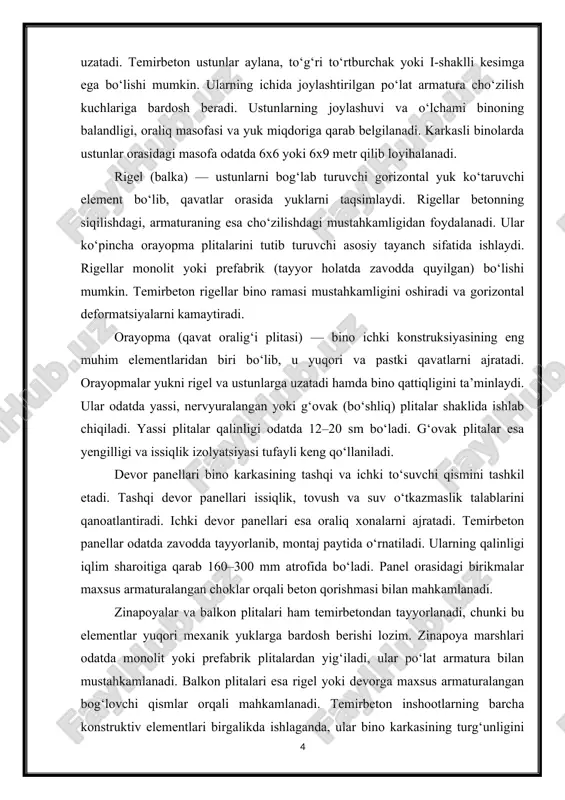 , ular po‘lat armatura bilan mustahkamlanadi. balkon plitalari esa rigel yoki devorga maxsus armaturalangan bog‘lovchi qismlar orqali mahkamlanadi. temirbeton inshootlarning barcha konstruktiv elementlari birgalikda ishlaganda, ular bino karkasining turg‘unligini ta’minlaydi. har bir elementning to‘g‘ri hisob-kitobi, armaturalash darajasi va o‘zaro bog‘lanish sifati butun inshootning mustahkamligi va ekspluatatsion chidamliligini belgilaydi. shu sababli, temirbeton elementlarni loyihalashda davlat standartlari (o‘z dst 27751:2015, sp 63.13330.2018 va boshqalar), me’yoriy hujjatlar hamda amaliy sinov natijalari asos qilib olinadi. bugungi kunda temirbeton konstruksiyalar sanoat korxonalari, ko‘p qavatli turar joylar, ko‘priklar, gidrotexnik inshootlar va boshqa muhim obyektlarda asosiy qurilish materiali sifatida ishlatilmoqda. ularning uzoq muddatli chidamliligi, ekologik xavfsizligi, yong‘inga bardoshligi va texnik xizmat ko‘rsatish qulayligi tufayli temirbeton hali ham qurilishda eng ishonchli yechimlardan biri bo‘lib qolmoqda. temirbeton binolarning barcha konstruktiv elementlari o‘zaro bog‘lanib, turg‘un va bardoshli konstruktiv tizimni hosil qiladi. ularning birgalikdagi ishi monolitlik tamoyiliga asoslanadi: ya’ni yuklarning bir elementi orqali emas, balki butun tizim orqali uzatilishi. shu sababli, …