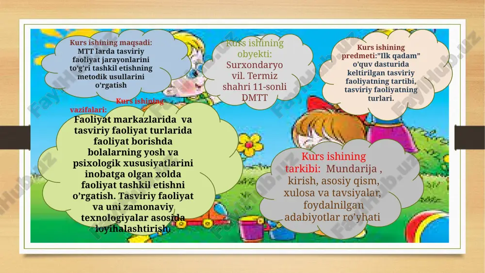 sm chizish loy ishi aplikatsiya qurish yasash tarbiyachi quyidagilarga ahamiyat berishi lozim: bolalar ishlarini saqlash, tasviriy faoliyat bo'yicha bolalar ishlarini saqlash tarbiyachiga guruhdagi u yoki bu bolaga tasviriy malaka va ko'nikmalarni egalladimi, yo'qmi, tevarak-atrof go'zalligini, rang va shaklni ko'rishga o'rgandimi, yo'qmi? shu masalalarni hal etishga yordam beradi. har bir bolaning ishi belgilangan bo'lishi lozim. bola chizgan yoki yopishtirgan ishining orqa tomonida uning ismi-familiyasi, mashg'ulot o'tkazilgan sanani ham yozish kerak. bolalarning chizgan ishlarini alohida papkalarga solish yoki ularni albom holiga keltirib qo'yish mumkin. eng qulayi ishlarni tikib qo'yish, ya'ni hamma mashg'ulotlarni yig'ib, o'rtasidan uzun tasmasimon qog'oz bilan bog'lab qo'yishdir. bu tasmaning kengligiga, yoshi, mashg'ulot nomi, familiyasi, tarbiyachining o'tkazgan sanasi sig'ishi lozim. shunga qarab, loy ishlarini (har bir bolaning 3 ta ishi 1 yil saqlanishi lozim) saqlashda ham o'quv yilining boshi, o'rtasi va oxiri bo'yicha ajratish maqsadga muvofiqdir. bu esa malaka va bilimini tahlil qilishga yordam beradi. o’yinli o‘rgatish usullari. tasviriy faoliyatda …