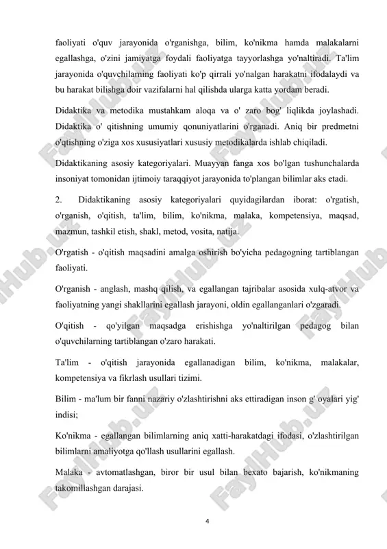 ish, ko'nikmaning takomillashgan darajasi. kompetensiya - egallangan bilim, ko'nikma va malakalarni kundalik va kasbiy faoliyatda qo'llay olish layoqati. maqsad - o' qitishning nimaga qaratilganligi, uning kuchlari kelgusida qay yo'sinda safarbar etilishi. mazmun - o'qitish jarayonida egallanishi lozim bo'lgan ilmiy bilim, amaliy ko'nikma va malakalar, faoliyat, fikrlash usullari tizimi. tashkil etish - qo'yilgan maqsadni samarali amalga oshirish uchun unga zaruriy shaklni taqdim etadigan, aniq mezonlar bo'yicha tartiblangan didaktik jarayon. shakl - o'quv jarayonining tashqi ifodasi, uning ichki mohiyati, mantig'i, mazmuni uchun qobiq. metod - o' qitishning maqsad va vazifalariga erishish (amalga oshirish) yo'li. vosita - o'quv jarayonining predmetli qo'llab-quvvatlanishi, yangi materialni o'zlashtirish jarayonida o'qituvchi va talabalar tomonidan foydalaniladigan ob' yekt. natija - o'quv jarayonining so'nggi mahsuli, belgilangan maqsadlarning amalga oshganlik darajasi. 1. didaktikaning asosiy kategoriyalari. 2. zamonaviy ta'lim paradigmalari. 3. o'qitish jarayoni mohiyati va uning vazifalari. 4. o'qitish jarayoni bosqichlari. 5. o'quvchilarning bilish faoliyati va uning tuzilishi. 6. ta'lim tamoyillari va …