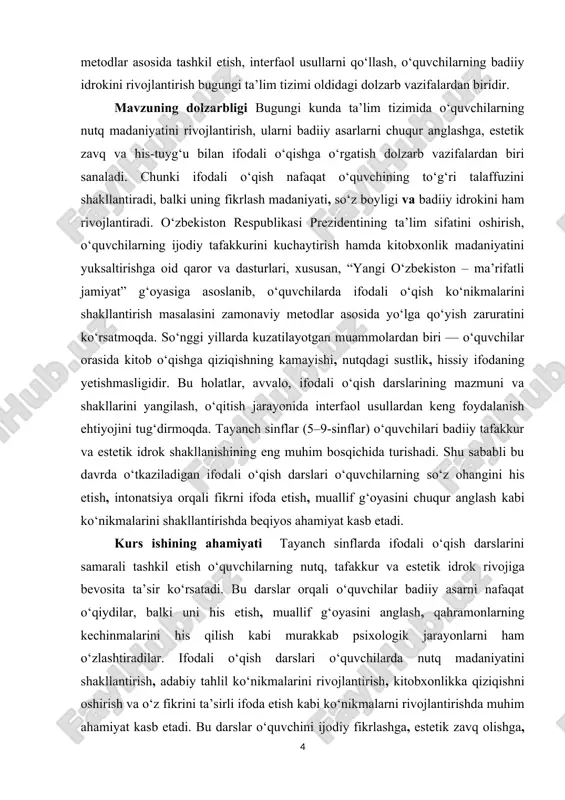 v ishlarini o‘tkazish va olingan natijalarni ilmiy tahlil qilish. mavzuning obyekti umumta’lim maktablarining 5–9-sinflarida o‘tkaziladigan ifodali o‘qish darslari jarayoni, ya’ni o‘quvchilarning badiiy matnni idrok etishi, uni ifodali o‘qish va his etish faoliyatidir. mavzuning predmeti tayanch sinflarda ifodali o‘qish darslarini tashkil etishning metodik asoslari, o‘qitish shakl va usullari, hamda o‘quvchilarda ifodali o‘qish ko‘nikmalarini rivojlantirishning samarali yo‘llaridir. ushbu kurs ishining tarkibiy tuzilishi kirish, ikki asosiy bob 5 paragraf, xulosa va foydalanilgan adabiyotlar ro‘yxatidan iborat. i bob. tayanch sinflarda ifodali o‘qish fanining nazariy asoslari 1.1. ifodali o‘qish tushunchasi va uning o‘quvchilarning nutq rivojlanishidagi o‘rni ifodali o‘qish — bu badiiy asarni to‘g‘ri, ravon, his-tuyg‘u bilan, muallif fikrini, asar g‘oyasini, obrazlar ruhiyatini to‘liq ifoda etgan holda o‘qish jarayonidir. u oddiy o‘qishdan farqli ravishda, nafaqat so‘zlarni talaffuz etish, balki ularning mazmunini chuqur anglash, intonatsiya, urg‘u, pauza, ohang va temp kabi nutqiy vositalar yordamida ma’no yukini ifodalashni talab etadi. ifodali o‘qish o‘quvchi tafakkurining, his-tuyg‘usining va badiiy idrokining …