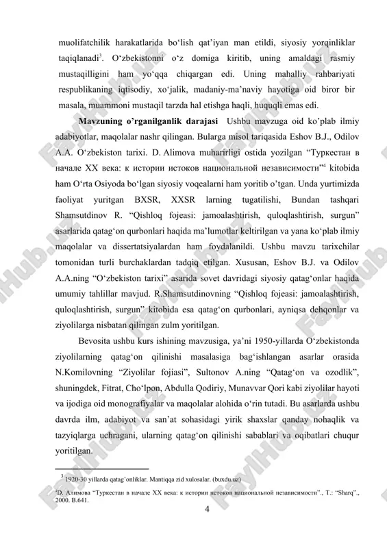g hayoti va ijodiy faoliyatini ilmiy asosda o‘rganish; · mustaqillik yillarida qatag‘on qurbonlari xotirasini abadiylashtirish borasidagi ishlarga baho berish; · qatag‘on siyosatining jamiyatga, ayniqsa intellektual qatlamga ko‘rsatgan salbiy ta’sirini yoritish. kurs ishining ob’yektini o‘zbekistonda 1950-yillarda ziyolilarning qatag’on qilinishi tashkil etadi. kurs ishining predmetini qatag‘onlik siyosatining asosiy omillari va amalga oshirilishi, 1950-yillarda o‘zbekistonda amalga oshirilgan qatag‘onlik siyosati va uning ziyolilar hayotiga ta’sirini o‘rganish. kurs ishining tuzilishi. kirish, ikki bob, 4 ta paragraph, xulosa, foydalanilgan adabiyotlar ro‘yxatidan iborat. i bob. qatag‘onlik siyosatining asosiy omillari va amalga oshirilishi. 1.1 qatag‘on siyosatining mazmun mohiyati va omillari o‘zbekistondagi vatanparvar, millatparvar kayfiyatida bo‘lgan rahbar xodimlarni birlashtirgan “o‘n sakkizlar guruhi”, “inog‘omovchilik”, «qosimovchilik», «badriddinovchilik», «ko‘r kalamush» kabi o‘nlab guruhlarga qarshi qatag‘on qo‘llandi. sovetlar davrida yozilgan adabiyotlarda «18lar guruhi» o‘zbekiston kompartiyasi saflarida aksilfirqaviy guruh sifatida baholanadi. go‘yoki bu guruhga a’zo bo‘lgan fayzulla xo‘jaev, inomjon xidiraliev, u.ashurov, r.rahimboboev, u.eshonov, rahmat rafiqov va boshqalar kompartiyaning yer-suv islohotiga qarshi chiqqan, boy-quloq manfaatlarini …