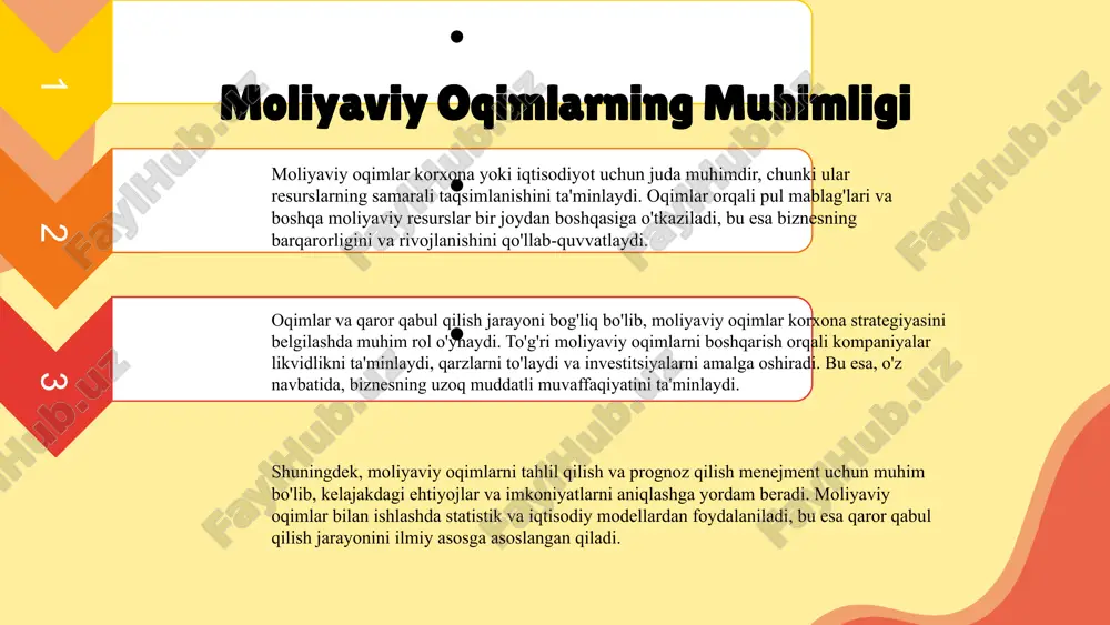 di. bu metodlar yordamida muhim qarorlar qabul qilinadi. photo by tingey injury law firm on unsplash 1 2 3 amaliy misollar va natijalar pul oqimlarini boshqarishda bank va kompaniyalarda amalga oshirilgan amaliy misollar. narx strategiyalari va xarajatlarni kamaytirish uchun moliyaviy modellardan foydalanish natijasida xarajatlar 15% ga kamaydi, likvidlik oshdi va investitsiya imkoniyatlari kengaydi. photo by tingey injury law firm on unsplash xulosa moliyaviy oqimlarni boshqarishning ahamiyati moliyaviy oqimlarni to‘g‘ri tahlil qilish va nazorat qilish biznes muvaffaqiyatining asosiy shartidir. bu jarayon resurslarni samarali boshqarishga yordam beradi. innovatsion yondashuvlar va strategiyalarni tanlash orqali oqimlarni optimallashtirish imkoniyatlari kengaymoqda. kelajak va rivojlanish tendensiyalari texnologiyalar va yangi metodologiyalar asosida moliyaviy oqimlarni boshqarish sohasida rivojlanish davom etmoqda, bu esa barqarorlik va o‘sishni ta’minlaydi. ushbu bilimlar va strategiyalarni davom ettirish orqali, moliyaviy barqarorlikni mustahkamlash va rivojlantirish mumkin. foydalanilgan adabiyotlar 1. sobirov, a. moliyaviy oqimlarni boshqarish metodlari. o'zbekiston davlat moliya universiteti, 2020. 2. islomov, s. moliyaviy oqimlar va …