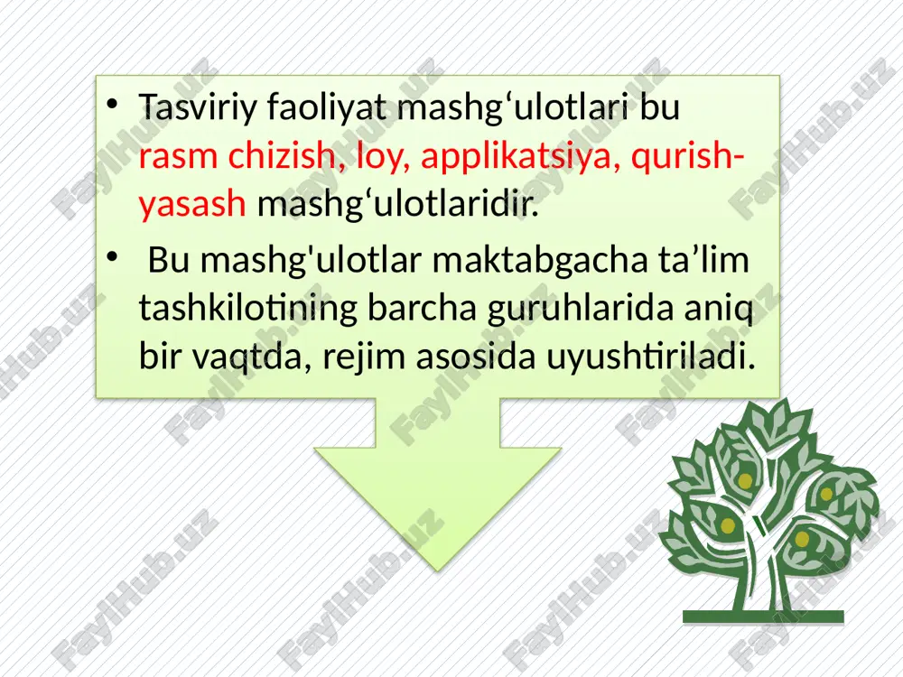 day turlaridan foydalaniladiki, qayerda atrofni idrok qilish taassurotini mustahkamlash maqsadi emas, balki shu faoliyatning ayrim alohida momentlarini rivojlantirish masalasi tursa. ko‘proq dekorativ va konstruktiv (applikatsiya) ishlarida foydalaniladi. dekorativ naqshni hosil qilish usuliga o‘rgatish — badiiy didni rivojlantirishdir. bolalarning umumiy estetik didlarini oshirish uchun chiroyli predmetlarni tomosha qildirish kerak. namunadan foydalanish. rasmlar asosan bolalarning atrof-muhit haqidagi tasavvurlarini aniqlash uchun va tasviriy usullarini, vositalarini tushuntirish uchun xizmat qiladi. pedagog va psixologlarning tashviqotlari shuni ko‘rsatadiki, 2 yoshdagi bolalar rasmni predmet tasviri sifatida tushunib yetadilar. ko‘rsatma 2 xil turda bo’ladi: 1) imo-ishora bilan ko‘rsatish; 2) chizish usuli bilan ko‘rsatish. rasmlardan foydalanish. bolalar ishlarini tahlil qilish. bolalar o‘zlari bajargan yoki do‘stlari bajargan ishni mustaqil ravishda tahlil qilib, baho berishlari 5 yoshga borib to’la shakllanadi. kichik guruhda tarbiyachi bolalarning ishlarini baholayotganda tahlil qilmaydi, balki 4—5 yaxshi bajarilgan ishlarni bolalarga ko‘rsatadi. og‘zaki metod va o‘rgatish usullari. tasviriy faoliyatda tarbiyachining mashg‘ulotdagi doimo bolalar bilan suhbatidan boshlanadi. suhbatning maqsadi …