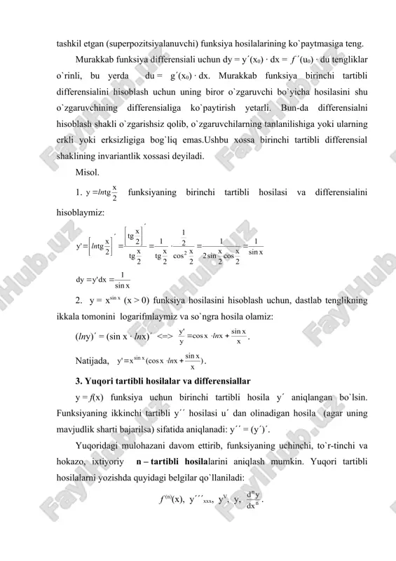 hamiyatlidir, chunki ulardan biri bajarilmasa, (a; b) intervalda f ((c) = 0 tenglikni qanoatlantiruvchi s nuqta topilmasli-gi mumkin. masalan, 2-rasmda grafigi keltirilgan funksiya uchun uzluk-sizlik sharti bajarilmagan, a1 nuqta uning uzilish nuqtasi. 3-rasmda tasvirlangan funksiya uchun esa uning differensiallanuv-chanlik sharti bajarilmagan, a2 nuqtada funksiya hosilaga ega emas. egri chiziqlarga tegishli va (a; b) interval doirasida urinmalari 0x o`qiga pa-rallel bo`ladigan biror-bir nuqta mavjud emas. lagranj teoremasi: y = f (x) funksiya [a; b] kesmada aniqlangan va uzluksiz bo`lib, (a; b) intervalda differensiallanuvchi bo`lsa, u holda (a; b) intervalga tegishli kamida bitta s nuqta topiladiki, f (b) – f (a) = f ((c) · (b–a) munosabat o`rinli bo`ladi. 1 - rasm. 2 - rasm. 3 - rasm. lagranj teoremasida roll teoremasidagidek, funksiyaning [a; b] kes-maning chetki nuqtalarida teng qiymatlarga erishishi talab qilinmaydi. teoremadan xususiy f (a) = f (b) holda, f ((c) = 0 ekanligi kelib chiqadi, shu ma`noda lagranj teoremasi …