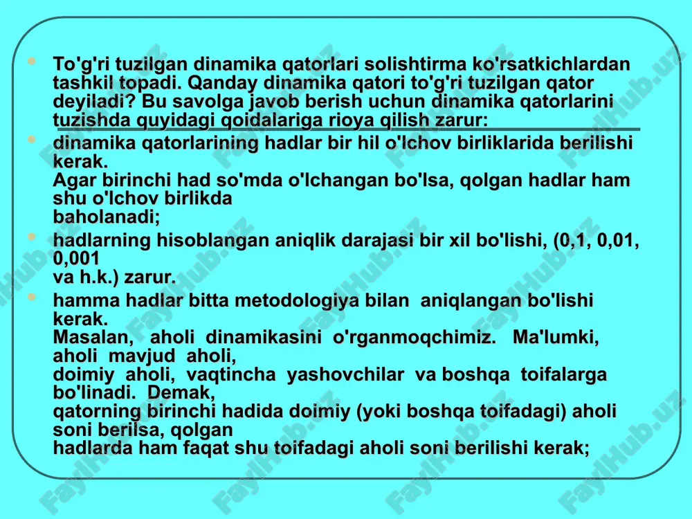 hsulotlarining iste'moli va ayniqsa ularni qayta ishlash masalalari ham mavsumiy xarakterga ega, dehqon bozoridagi mahsulotlarga bo'lgan narxlarni olib qarang, ayrim oylarda ularning narxi mavsum oylarga nisbatan 6-8 barobar (undan ham ortiq bo'lishi mumkin) yuqori. mavsumiylik nega o'rganiladi? bu muammoni o'rganish juda katta ahamiyatga ega. birinchidan, ishlab chiqaruvchilar biznes-rejani tuzayotganda shu korxona ishlab chiqarayotgan mahsulotga talabning eng yuqori darajasi qaysi oylarga to'g'ri kelishini bilishadi; ikkinchidan, tadbirkorlar qishloq xo'jalik mahsulotlarini xarid qilishga va ularni qish oylarida saqlashga tayyorgarlik ko'radilar; uchinchidan makroiqtisodiy darajada rejalar tuzilayotganda (ayniqsa, investitsiya masalalari bo'yicha) tarmoqlarni rivojlanish istiqbollariga e'tibor beriladi; to'rtinchidan, eng asosiysi, etishtirilgan mahsulotni (qishloq xo'jalik mahsulotlarini ko'proq nazarda tutayapmiz) iste'molchilarga etkazib berishda tabiiy va notabiiy yo'qotishlar kamaytiriladi (ayrim olimlarning hisob-kitobiga qaraganda daladan dasturxongacha bo'lgan masofada 35-40% mahsulot yo'qotilar ekan). demak, yuqorida keltirilgan dalillarga binoan dinamika qatorlarini tahlil qilishda mavsumiylikni o'rganish va o'lchash eng muhim vazifalardan biri ekan. mavsumiylikni o'rganish va o'lchash uchun yaratilgan statistik metodlarning ayrimlarini ko'rib …