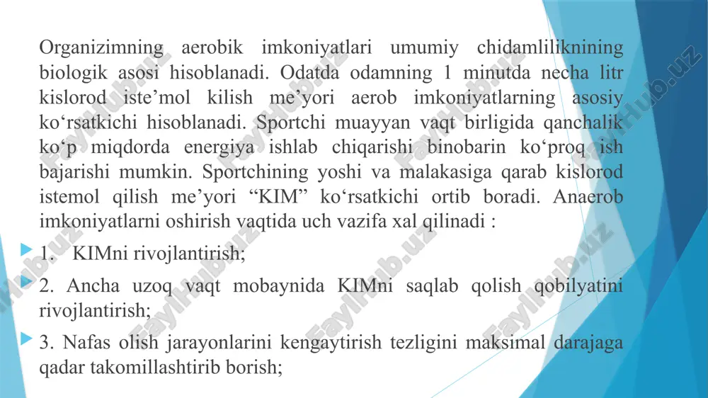idamlilikni maxsus nazoratida uslubiy sport turidagi ish kobilyatini va charchashni aniklovchi omilarni hisobga olgan xolda amalga oshiriladi. bunda shuni yodda tutish lozimki lokalizatsiya va charchok mexanizimi xar bir sport turida uziga xos va mushak faoliyatini xarakterini aniqlaydi. umumiy xulosamizga ko’ra chidamlilik umumiy va maxsus bellashuvi va musobakalarni lokalli regionalli va glaballi anaerob alaktati anaerob xaktatki aerobli va aralash va vegitativli sensorla va emoyisonali statistikali va dinamikali tezlik va kuchlilik kabi turlariga bo’linadi. demak chidamlilikni nazorat qilishda usul tanlashda xar bir holatlarda omillarni taxlil qilish kerak. bizga malum sportchi trenirovka va musobaqa faoliyatida malum bir, toliqishni yengib o’tadigan taqdiridagini uning chidamliligi takomillashadi. trenirovka nagruzkasi sportchi organizimiga tasir ko’rsatuvchi chorasi sifatida kuyidagi tasirlar bilan belgilanadi. - mashq shiddati - mashq davomiyligi - takrorlash soni - dam olish oralig‘i davomiyligi - dam olish xususiyati anoerob-aloktat rejimida mashqlar davomiyligi 3-8 sekundiga anaerob –aloktat rejimida 20 sekund 3 minutgacha hamda aerob, rejmida -3 minutdan va …