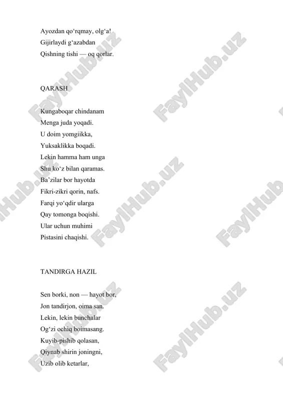 sohibiga hamisha sodiq xizmatda bo‘ldi. yillar o‘tib u qarib, tish ham nuray boshladi. xuddi sodiq xizmatkorini munosib mukofotlab, zar to‘n kiydirgan kabi, sohibi tishga tilla qopladi. endi sohibi xursand bo‘lib kulganida, tilla tish ham yaraqlab ketadi. tirnoq esa unib-o‘sgani hamono o‘z bag‘riga kir-chirlarni to‘pladi. shu bois uni har doim qirqib tashlashardi. shuning uchun, yosh do‘stim, hayot qiyinchiligiga tishingni-tishingga bosib, chida, sabr qil. xuddi tilla tish kabi e’zozda bo‘lasan. hech qachon birovga tirnoqcha ham yomonlik qilma. aksincha tish-tirnog‘ing bilan yaxshilik uchun xizmat qil. tandir tafti ertaksevar ukam tandirni ajdar og‘ziga o‘xshatgandi. chindin ham lovullab o‘t yonganda og‘zidan otash purkayotgan ajdahoga o‘xshaydi u. lekin unga bahodirlar emas, onalar yuzma-yuz, tik kelishadi. non yopadigan o‘shalar-da. shunda bir qiyos o‘yga keladi: jonfido onalar farzandlarga non-nasiba yetkazib berish uchun o‘zini ajdarho komiga urishdan ham qaytmaydilar, bahodirlar kabi. ona mehridan ham buyuk, kuchli tuyg‘u bormikan? farzandi uchun o‘zini o‘tga-cho‘qqa urishga tayyor onajonlarimiz hamisha o‘tdan ham, boshqa …
