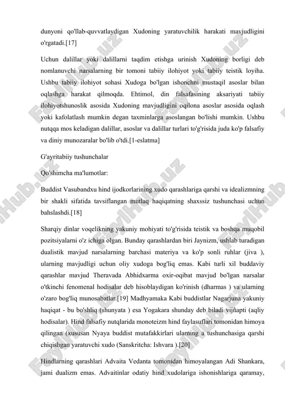 alari daosizm yakuniy voqelik haqida g'ayritabiiy deb qaralishi mumkin (tao ). taosist faylasuflar narsalarning yakuniy mohiyatini tavsiflashning turli usullarini o'ylab topgan. masalan, daoist bo'lsa xuanxue mutafakkir vang bi hamma narsa "ildiz otgan" deb ta'kidladi vu (yo'qlik, yo'qlik), guo syan rad etildi vu narsalarning yakuniy manbai sifatida, buning o'rniga taoning mohiyati "o'z-o'zidan ishlab chiqarish" (zi sheng) va "o'z-o'zini o'zgartirishi" (zi hua).[22] an'anaga ko'ra, jeynlar va buddistlar cheklangan xudolar yoki ilohiy mavjudotlar mavjudligini istisno qilmaganlar, ular faqat yagona xudo yaratuvchisi yoki yagona xudolarning sabablari haqidagi g'oyani rad etishgan. bilim va e'tiqod shuningdek qarang: e'tiqod § din the ko'zi ojizlar va fil buddizm va jaynizmda dogmatik diniy e'tiqodning zararli tomonlarini ko'rsatish uchun keng qo'llanilgan masaldir barcha diniy urf-odatlar, ular ilgari surgan bilimlar da'volarini diniy amaliyotda va inson hayotining asosiy muammosini hal qilishda muhim ahamiyatga ega.[23] bunga quyidagilar kiradi epistemik, metafizik va axloqiy da'volar. daliliylik "e'tiqod unga etarli dalillar mavjud bo'lgandagina ratsional ravishda oqlanadi" …