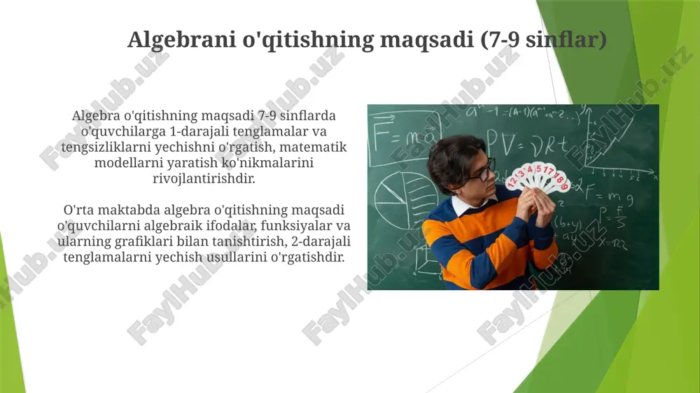 qobiliyatini oshiradi. o'qituvchining roli o'qituvchi 7-9 sinflarda algebra o'qitishda, mavzularni 3 bosqichda tushuntirishi va har bir bosqichda 2-3 misol keltirib, o'quvchilarning tushunishini ta'minlashi kerak. o'qituvchi dars jarayonida 5 xil usuldan foydalanishi mumkin: guruhli ish, individual yechim, savol-javob, o'yinlar va taqdimotlar orqali o'quvchilarning faolligini oshiradi. xulosa xulosa, 7-9 sinflarda algebra o'qitish natijalarini umumlashtirib, o'quvchilarning 10-15 ta asosiy algebraik tushunchalarni anglash darajasini baholaydi. yakuniy xulosada, o'quvchilarning 3-5 ta asosiy algebraik usullarni qo'llash qobiliyatlari, masalan, tenglamalarni yechish va ifodalarni soddalashtirish ko'rsatiladi. e'tiboringiz uchun rahmat image1.png image2.jpg image3.jpg image4.jpg image5.jpg image6.jpg image7.jpg image8.jpg image9.jpg image10.jpg image11.jpg image12.jpg image13.jpg image14.jpg image15.jpg image16.jpg image17.jpg image18.jpg