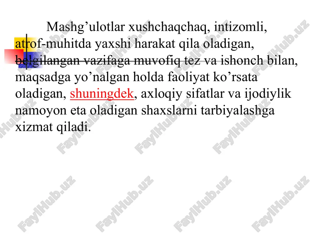 suv quyish, dush, cho`milish) va quyosh vannalaridan foydalaniladi. tabiiy omillardan mujassam holda foydalanish bolalarda tashqi muhitning turli noxush ta’siriga nam (havo, yomg’ir, shamol, qizish) nisbatan chidamlilikni hosil qiladi. havo vannalari – bolalar harakat faoliyati vaqtida havoni terining yalang’och qismiga bevosita ta’sir etishini ta’minlaydi. bunda havo vannasining eng maqsadga muvofiq va tabiiy ko`rinishi ochiq havoda hamda deraza darchalari ochiq xonalarda o`tkaziladigan ertalabki badantarbiyadir.bola havo vannalarini avval xonada, keyin ko’chada oladi. havo vannalari sovuq (10-20 s), befarq (23-30s) va issiq (30s dan yuqori) bo`ladi. bola sovuq havoga asta-sekin o`rgatiladi. dastlab bolalar ishtonchada 15-20 daqiqa havo vannasini xonada qabul qiladilar. havo vannasi olina boshlangandan 10-15 kun o`tgach, bolani ko`chaga yengil kiyintirib chiqarish mumkin. suv tadbirlari artinish, belidan suv quyish, dush, cho`milish (basseyn, daryo, ko’l, dengizda) kabi muolajalardan iborat. shifokorning bolalarning uziga xos xususiyatlari va sog’lig’ini hisobga olib bergan tavsiyasi bu muolajalarni belgilash uchun asos bo`lib xizmat qiladi. suv muolajalarida bolaning faol bo`lishi maqsadga …