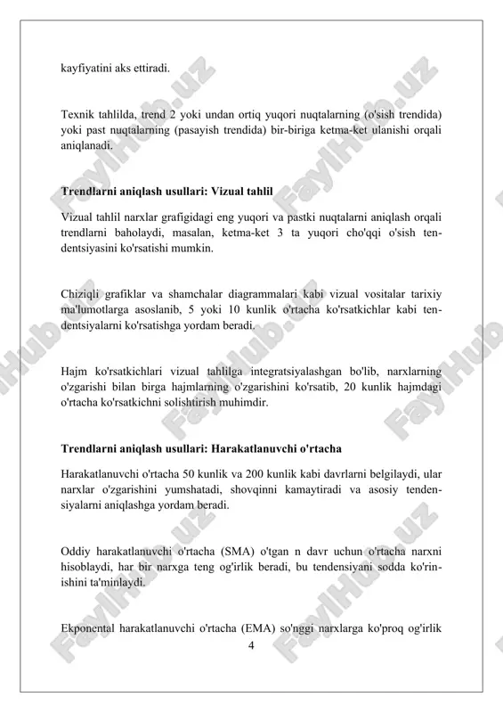 anday tahlil uchun ularni kamaytirish muhim, bu ko'pincha harakatlanuvchi o'rtacha kabi silliqlash usullari orqali amalga oshiriladi. shovqinning standart og'ishi yuqori bo'lsa, bu o'zgaruvchanlik yuqori ekanligini ko'rsatadi, natijada trendlarni aniqlash qiyinlashadi, bu holda katta hajmdagi ma'lumotlarni yig'ish yordam berishi mumkin. trendning davomiyligini baholash o'rtacha yo'nalish ko'rsatkichi (adi) kabi osilatorlar yordamida yo'nalish kuchini 0 dan 100 gacha baholash mumkin; 25 dan yuqori ko'rsatkich kuchli yo'nalishni bildiradi. foyda olish va zarar to'xtatish darajalarini sozlash uchun 20 kunlik harakatlanuvchi o'rtachaning tebranish kengligini tekshirish orqali davomiylikni aniqlang. narx harakati 50 kunlik harakatlanuvchi o'rtachadan uzoqlashganda, yo'nalishning davomiyligini tasdiqlash uchun hajmning 10 kunlik o'rtachasini tekshiring. trendni prognozlash trendni prognozlashda eviews, spss kabi statistik dasturlar orqali vaqt seriyalari tahlili qo'llaniladi, bunda regressiya modellari va arima (p, d, q) modellari orqali kelajak qiymatlari bashorat qilinadi. texnik tahlilda trendni prognozlash uchun fibonacci retracement darajalari (23.6%, 38.2%, 61.8%) va harakatlanuvchi o'rtacha ko'rsatkichlar (50 kunlik, 200 kunlik) kabi vositalardan foydalaniladi. fundamental tahlilda …