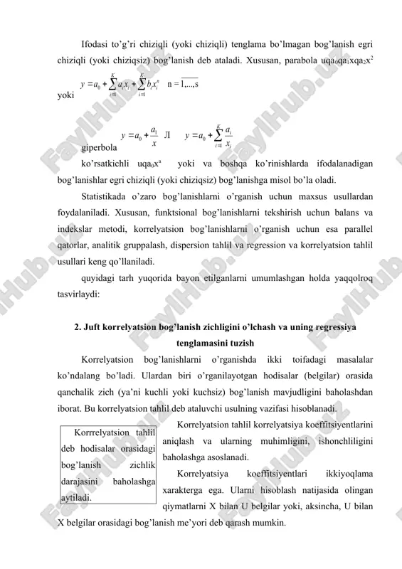i ikkiyoqlama xarakterga ega. ularni hisoblash natijasida olingan qiymatlarni x bilan u belgilar yoki, aksincha, u bilan x belgilar orasidagi bog’lanish me’yori deb qarash mumkin. korrelyatsion bog’lanishni tekshirishda ko’zlanadigan ikkinchi vazifa bir hodisaning o’zgarishiga qarab, ikkinchi hodisa qancha miqdorda o’zgarishini aniqlashdan iborat. afsuski, korrelyatsion tahlil usuli - korrelyatsiya koeffitsiyentlari bu haqida fikr yuritish imkonini bermaydi. regression tahlil deb nomlanuvchi boshqa usul mazkur maqsad uchun xizmat qiladi. regressiya so’zi lotincha regressio so’zidan olingan bo’lib, orqaga harakatlanish degan lug’aviy ma’noga ega. bu atamani statistikaga kirib kelishi ham korrelyatsion tahlil asoschilari f.galton va k.pirson nomlari bilan bog’liqdir. regression tahlil natijaviy belgiga ta’sir etuvchi omil-larning samaradorli-gini aniqlab beradi. regression tahlil amaliy masalalarni yechishda muhim ahamiyat kasb etadi. u natijaviy belgiga ta’sir etuvchi belgilarning samaradorligini amaliy jihatdan yetarli darajada aniqlik bilan baholash imkonini beradi. shu bilan birga regression tahlil yordamida iqtisodiy hodisalarning kelajak davrlar uchun istiqbol miqdorlarini baholash va ularning ehtimol chegaralarini aniqlash mumkin. regression …