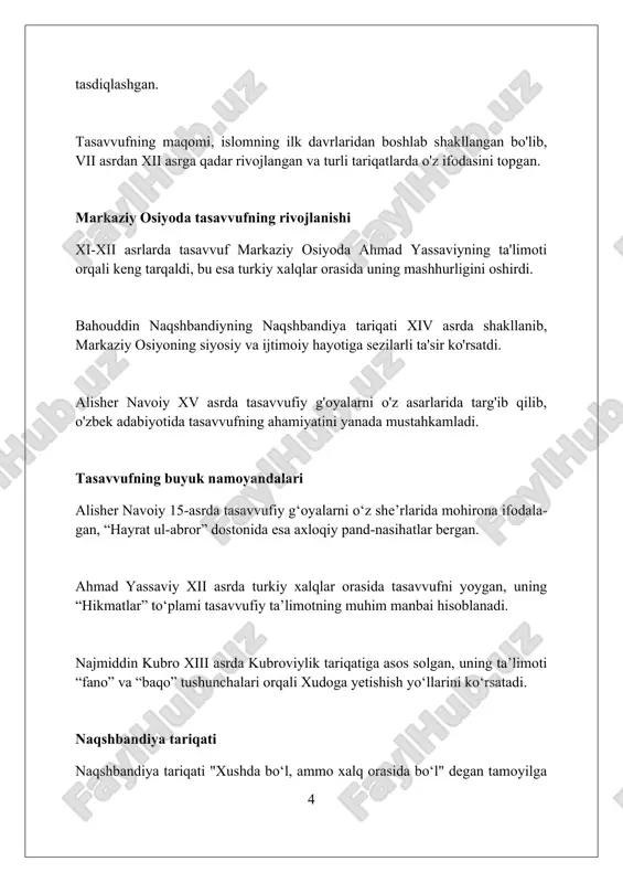 ek ibodat qilish, ya'ni 5 vaqt namozda xushyor bo'lishga chaqiriladi. tasavvuf va zamonaviylik tasavvuf zamonaviy jamiyatda ma'naviy yo'nalish bo'lib, insonning ichki dunyosini boyitadi va 21-asr muammolarini hal qilishda yordam beradi, sabr-toqatni targ'ib qiladi. zamonaviylik tasavvufning universal qadriyatlarini, jumladan, sevgi, tinchlik va adolatni qabul qilib, yangi texnologiyalar bilan birlashtirib, madaniy merosni boyitadi va o'zaro hurmatni oshiradi. ilm-fan va texnologiyaning rivojlanishi bilan birga, tasavvuf zamonaviy sharoitlarda 12 asosiy ma'naviy tamoyilga asoslangan holda insoniy qadriyatlarni saqlashga xizmat qiladi. o'zbekiston madaniyatida tasavvufning merosi tasavvuf ix-xii asrlarda o'rta osiyoda keng tarqalib, xoja ahmad yassaviy va bahouddin naqshband kabi mutafakkirlar orqali madaniyatga chuqur ta'sir ko'rsatdi. naqshbandiya tariqati o'zbek madaniyatida axloqiy qadriyatlarni, mehnatsevarlikni va jamiyatga xizmat qilishni targ'ib qilib, xvi-xix asrlarda gullab-yashnagan. tasavvuf she'riyati, xususan, alisher navoiy asarlari, o'zbek adabiyotining rivojlanishiga katta hissa qo'shib, ilohiy muhabbatni 700 dan ortiq g'azalda ifodalaydi. xulosa "xulosa" so'zi arab tilidan olingan bo'lib, "yakuniy xulosalar" yoki "eng muhim natijalar" degan ma'noni anglatadi, …
