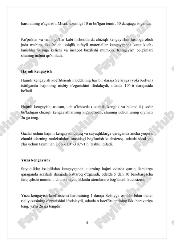 h temir yo'l relslari qurilishida 20-30 metr uzunlikdagi relslar orasida 6-12 mm bo'shliq qoldiriladi, chunki harorat oshganda relslar kengayib, egilib qolishi mumkin. ko'priklar qurilishida dilatatsiya bo'g'inlari (expansion joints) ishlatiladi; bu bo'g'inlar beton va po'lat konstruksiyalarning 30°c dan 60°c gacha harorat o'zgarishida kengayishini qoplaydi. issiqlik tarmoqlarida, misol uchun, 100 metr uzunlikdagi quvurda 80°c gacha harorat ko'tarilganda, 10 sm gacha kengayish kuzatiladi, bu esa kompensatorlar orqali hal qilinadi. termik zo'riqish va kuchlanish termik zo'riqish, haroratning o'zgarishi natijasida materialning kengayishi yoki qisqarishi cheklanganida yuzaga keladi va bu material ichida ichki kuchlanishlarni hosil qiladi. termik kuchlanishning kattaligi materialning termik kengayish koeffitsienti (α) bilan to'g'ri proporsional bo'lib, bu koeffitsient 1 °c ga harorat o'zgarishida materialning nisbiy o'lchamini bildiradi. agar termik kuchlanish materialning chidamlilik chegarasidan oshsa, unda plastik deformatsiya yoki sinish sodir bo'lishi mumkin, shuning uchun injenerlikda bu omil muhim hisoblanadi. termik kengayishni o'lchash usullari interferometriya yuqori aniqlikdagi o'lchovlarni ta'minlaydi, odatda 10^-7 gradusgacha. bu usul materialning …