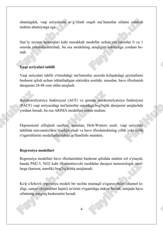 ogik ma'lumotlarni hisobga oladi. ko'pgina modellar vaqt seriyali tahlilidan, masalan arima, havo ifloslanishining kelajakdagi darajalarini bashorat qilish uchun foydalanadi, o'tmishdagi ma'lumotlar tendentsiyalari va mavsumiylikni tahlil qiladi. neural tarmoqlar va mashina o'rganish algoritmlari havo ifloslanishini bashorat qilish uchun tobora ko'proq qo'llanilmoqda, katta ma'lumotlar to'plamlaridan o'rganish va murakkab naqshlarni aniqlash imkonini beradi. natijalarni tahlil qilish va talqin qilish natijalarni tahlil qilishda, o'zgaruvchilar o'rtasidagi korrelyatsiya koeffitsientlarini (masalan, 0.75) hisoblash va ularning havo ifloslanishiga ta'sirini baholash muhim. talqin qilish jarayonida, rmse (root mean squared error) kabi metrikalar orqali bashoratning aniqligini o'lchash va uni 5% dan past bo'lishiga harakat qilish kerak. statistik ahamiyatlilikni baholash uchun p-qiymatini (p 0.05) ishlatib, modelning natijalari tasodifiy emasligini va ishonchli ekanligini aniqlash zarur. modelni takomillashtirish va optimallashtirish modelni takomillashtirishda 10-kross validatsiya usuli, bias-variance tradeoffni minimallashtirishga yordam beradi, bu esa bashoratning aniqligini oshiradi va overfittingni kamaytiradi. optimizatsiya jarayonida genetik algoritmlardan foydalanish, parametrlarni sozlash orqali rmse (ildiz o'rta kvadrat xato)ni 15%ga kamaytirish …