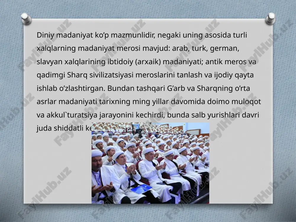agi o’z «ilmiy» manzarasini yaratdi. koinot xususidagi ilmda yer olamning, ierusalim dunyoning markazi degan qarash hukmronlik qildi. inson majoziy tarzda mikrokosmos- tana-er, qon-suv, nafas-havo, harorat-olov, ya`ni u boshlang’ich ibtidodan iborat deb qaraldi. umuman, g’arbda ham sharqda ham borliq ilohiy « oliy hukmdor»ning aksi sifatida idrok qilingan. xudo (alloh) tabiatdagi narsalarni yaratuvchisi sifatida va narsalarda uning qudrati namoyon bo’lish tarzida tushuniladi. narsalarni mohiyatini bilish xudoni (allohni) tanishdir. olamni bilish nazariy bo’lib, mashhur faylasuf, xususan arastuning va teologlar asarlarida faqat borliqning tizimi sharhlangan. barcha narsalardagi yashirin mazmunni topishga va fahmlashga harakat qilingan. shundan boshlab o’rta asrlarda nafaqat alximiya va astrologiya, balki an`anaviy, majoziy matematika, jug’rofiya, filologiya va boshqa fanlar ham rivojlanib, aniq jug’rofiy muqaddas joylar bilan bog’liq (jannat, do’zax, arosat) sanalar, so’zlarning ramziy ma`nosini tushunishga harakat qilindi. image5.jpeg image6.png image7.jpeg image8.jpeg image9.jpeg image10.jpeg image11.png image3.jpeg image4.png /docprops/thumbnail.jpeg