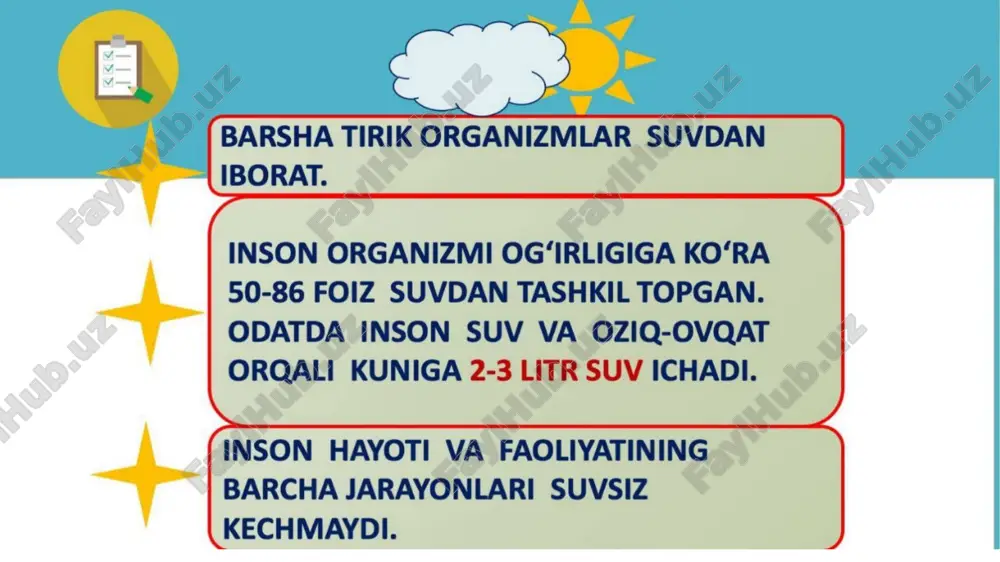 suvi va ishlab chiqarish korxonalari ta’minotiga, qishloq xo‘jaligi yerlarini sug‘orishga yo‘naltiriladi. qayd etish joiz, mazkur sohalarning hammasi bir-biridan muhim va zarur. xo‘sh, ular uchun yetarli bo‘lgan suv resurslari qanday shakllanadi?, degan savol tug‘iladi. aytish kerakki, daryolarda to‘planadigan suvlar, tabiiy yog‘ingarchilik, yer osti suvlari — bizning suv manbalarimizdir. demak, o‘z-o‘zidan asosiy maqsad ana shu manbalarni to‘liq nazoratga olish, ulardan ishlab chiqarilayotgan toza suv hajmlarini ko‘paytirish, eng muhimi, suv iste’molida yuzaga kelgan tartibsizlik va isrofni yo‘q qilish bo‘ladi. bir soʻz bilan aytganda, bugun atrofimizda roʻy berayotgan suv bilan bogʻliq ekologik muammolardan har birimiz tegishli xulosa chiqarib, suvni tejash va isrof qilmaslik tamoyilini kundalik mezonimizga aylantirishimiz zarur. bugun bizga hayot va zavq ulashayotgan toza ichimlik suvidan kelajak avlod ham bizdek bahra olishi lozim. image3.png image4.png image5.png image6.png image7.png image8.png image9.png image10.png image11.png image2.jpeg /docprops/thumbnail.jpeg