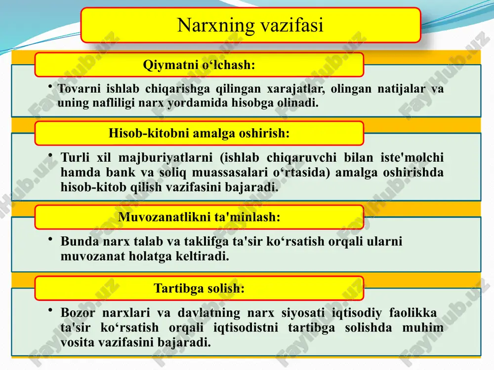 rx diskriminasiyasi turli narxlar oralig‘ining puldagi ifodasi narx nisbati ham deb atalib, u o‘zaro bog’liq bo‘lgan va bir-birini yuzaga chiqaradigan narxlarni bildiradi. narxni kamayishi deb ham atalib, u narxlardagi farq ishlab chiqarish xarajatlaridagi farqlardan kelib chiqmaganda ro‘y beradi. yuqoridagilardan tashqari iqtisodiy hayotda quyidagi narxlardan ham foydalaniladi. 3. raqobatning turli shakllari sharoitida narxning shakllanish xususiyatlari erkin yoki sof raqobat sharoitida narxning shakllanishi. monopoliya sharoitida narxning shakllanishi. oligopoliya sharoitida narxning shakllanishi. monopsoniya sharoitida narxning shakllanishi. 14 narxlarni erkinlashtirishdan ko‘zlangan maqsad: xom ashyo bilan mahsulot narxlari o‘rtasidagi nomutanosiblikni yumshatish; narx bilan axoli daromadlari o‘rtasidagi mutanosiblikka erishish; investision tovarlar, ists'mol tovarlari va xizmatlar narxlarining oqilona nisbatini ta'minlash; tovarlar va xizmatlarning erkin narxlari hamda ta'riflariga o‘tish; davlatning narx siyosati - bozor iqtisodiyotiga o‘tish sharoitida narxlarni erkinlashtirish va milliy bozor narxlarini jahon bozori narxlariga yaqinlashtirishga qaratiladi. 15 o'zbekistonda iqtisodiyotni isloh qilishning o'ziga xos tamoyillari, mamlaktdagi iqtisodiy vaziyat va aholining turmush darajasi hisobga olinib, narxlarni bosqichma-bosqich erkinlashtirish …