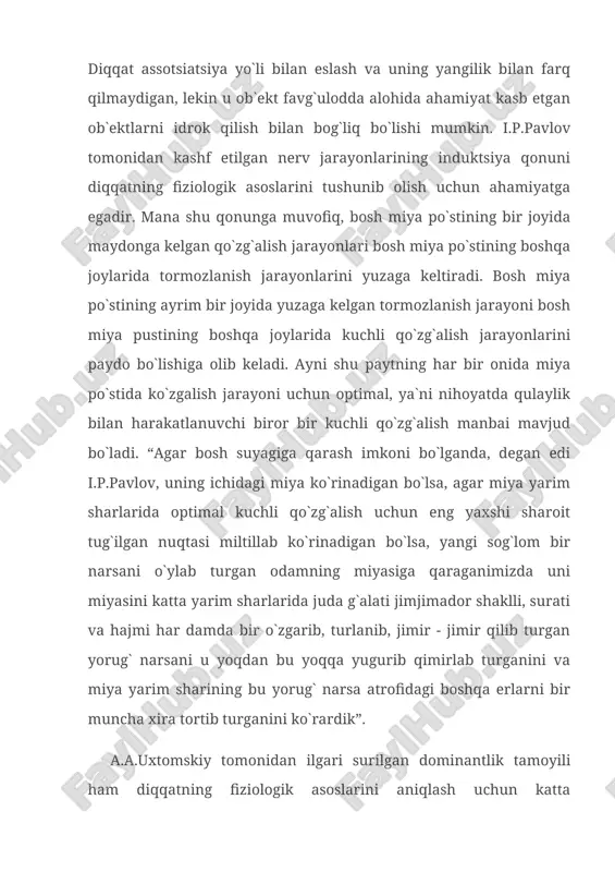 ilan asoslanadi. bu hol psixologik jihatdan biror qo`zg`atuvchilarga diqqatning qaratilishi va ayni chog`da ta`sir qilib turgan boshqa qo`zg`atuvchilardan diqqatning chalg`ishida ifodalanadi. jiddiy diqqat, odatda o`ziga xarakterli bo`lgan tashqi ifodalari bilan bog`liq bo`ladi. narsani yaxshilab idrok qilishga qaratilgan harakatlar bilan (tiqilib qarash bilan eshitish) ortiqcha harakatlarni to`xtatish, nafas olishni sekinlashtirish, diqqat uchun xos bo`lgan yuz harakatlari bilan bog`liq bo`ladi. 3. diqqat turlari kishi faoliyatida diqqat bir necha turlarga bo`linadi: 1. ixtiyorsiz diqqat; 2. ixtiyoriy diqqat; 3. muvofiqlashtirilgan ixtiyoriy diqqatlarga bo`linadi. biz diqqatni qaratishni maqsad qilib qo`ymagan paytimizda psixik faoliyatning yo`naltirishi va to`planishi ixtiyorsiz xarakterga ega bo`lishi mumkin. bunday hollarda faoliyatning maroqliligi, qiziqarli yoki kutilmaganda favqulotdaligi bilan odamni o`z - o`ziga jalb eta oladi. odam o`ziga ta`sir qilayotgan narsalarga, hodisalarga, bajarayotgan faoliyatiga beixtiyor berilib ketadi. masalan: biror ishni bajarayotgan odam radioda yoqimli kuy yoki ashulani eshitib qolsa yoki e`lonni eshitsa u beixtiyoriy qilayotgan ishini tashlab radioga quloq soladi. biroq biz ko`zlagan maqsad …