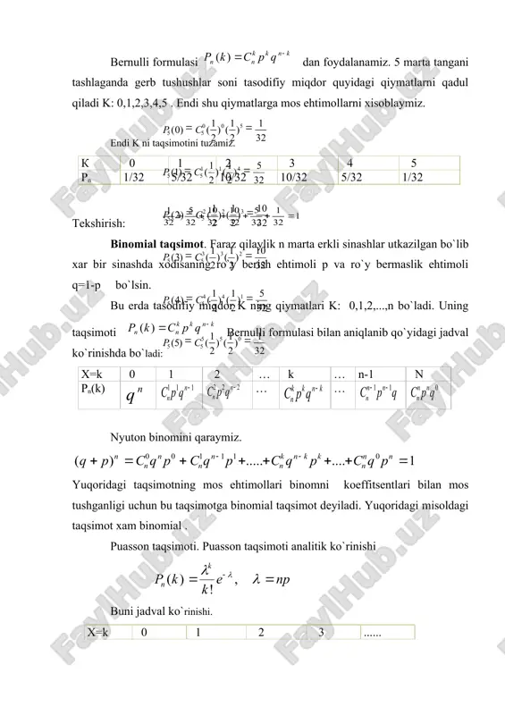 ..... pn ta`rif. diskret taqsimlangan tasodifiy miqdorning matematik kutishi deb uning qabul qilishi mumkin bo`lgan qiymatlari bilan ularga mos ehtimollari ko`paytmalarining yig`indisiga aytiladi m(x) = x1p1+x2p2+....+xnpn yoki misol. o`yin kubini 3 marta tashlaganda 6 ochko tushish soni tasodifiy miqdorni matematik kutishi topilsin. oldin taqsimotini topamiz. x 0 1 2 3 p 125/216 75/216 15/216 1/216 endi m(x) ni xisoblaymiz. m(x) =0125/216 +175/216+215/216 + 31/216= 1- xossa. o`zgarmas sonni matematik kutishi o`ziga teng m(s)=s 2-xossa. o`zgarmas sonni matematik kutishi ishorasidan tashqariga chiqarish mumkin m(sx)=sm(x) 3-xossa. ikkita o`zaro erkli tasodifiy miqdorlar ko`paytmasining (yigindisining) matematik kutishi shu tasodifiy miqdorlar matematik kutishlari ko`paytmasiga (yig`indisiga) teng m(xu) =m(x)m(u) m(x+u)=m(x)+m(u) umumiy xolda m(x1+x2+....+xn) = m(x1) + m(x2) +....+ m(xn) matematik kutishning ehtimolli ma`nosi uning o`rta qiymatga taxminan tengligi takror erkli sinashda xodisaning ro`y berish sonini matematik kutishi qo`yidagiga teng 4. diskret tasodifiy miqdorning dispersiyasi va uning xossalari faraz qilaylik x tasodifiy miqdor, m(x) uning matematik kutishi …