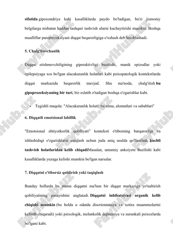 faoliyatning barcha turlarida ishtirok etadi, insonning xatti-harakatlari ham uning ishtirokida sodir bo‘ladi. psixologiya fanida diqqatga har hil ta’rif beriladi, uni yoritishda psixologlar turli nazariyaga asoslanib yondashadilar. diqqat deb ongni bir nuqtaga to‘plab, muayyan bir obyektga aktiv (faol) qaratilishiga aytiladi. p. i. ivanovning fikricha, biz faoliyatimiz jarayonida idrok va tasavvur qiladigan har bir narsa, har bir hodisa, o‘zimiz qilgan ishimiz, o‘y va fikrlarimiz diqqatning obyekti bo‘la oladi. shuni alohida ta’kidlab o‘tish kerakki, diqqat sezgi, idrok, xotira, tafakkur, xayol, nutq kabi alohida psixik jarayon emas. shuning uchun barcha psixik jarayonlarda qatnashadi, ularning mahsuldorligini oshirishga ta’sir etadi. bolalarda diqqat juda erta rivojlana boshlaydi. bir-ikki haftalik chaqaloqlarda diqqatning xech qanday alomati ko‘pinmasa ham, oradan sal o‘tmay, ya’ni bolaning bir oylik davridan boshlab, ixtiyoriy diqqat alomatlari yaqqol ko‘pina boshlaydi. demak, bolaning bir oylik davrida uning diqqatini hap turli kuchli qo‘zg‘atuvchilar (qattiq tovush, ortiqcha yorug‘lik kabi) beixtiyor ravishda o‘ziga jalb qila boshlaydi. ikki - uch oylik …
