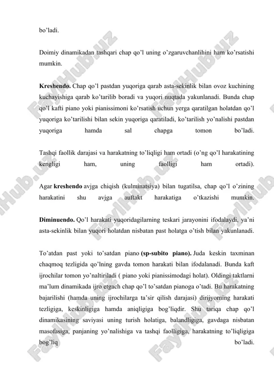 amplitudasini o’zgartirish orqali chap qo’l kabi o’zining dinamikasini o’zgartiradi.dinamikaning darajasi nafaqat harakat amplitudasiga, balki uning jadalligiga ham bog’liq bo’ladi. masalan, kichik amplitudada (tez sur’atda) dirijyorning harakati to’liq, jadal, zarb nuqtasi aniq ta’kidlangan bolishi mumkin, bu esa kuchsiz ohangni emas, balki faol ifodali jadal musiqani keltirib chiqaradi. aksincha, keng amplitudada (juda keskin sur’atda) ammo qo’lning sust, ohista harakati orqali baland bo’lmagan yoqimli, muloyim ohangga erishish mumkin. demak, dirijyorlikda faqatgina harakat amplitudasining kengligiga amal qilish to’g’ri emas, balki uning jadalligiga ham alohida e’tibor qaratmoq lozim. musiqaning xarakteri. ijro etiluvchi musiqa frazasining xarakterini chap qo’lning turli holatlari hamda keskinlik darajasi belgilaydi. masalan, (volevoy) jonli, faol xarakterli musiqani panja bo’g’inining tashqi tarangligi (ammo siqilmagan va yarim bukilmagan barmoqlar) ifodalaydi. o’ng qo’l keng va jadal asar o’lchovini ko’rsatib boradi.harakatsiz yoki erkin, ohista, sekin harakatlanuvhi qo’l kuychan musiqani ifodalaydi.stakattoni yengil, “sakrovchi” panja bo’g’in bilan ko’rsatiladi. bu malakalarni chuqur egallash orqali chap qo’lning mustaqil faoliyatiga va harakatlarning …