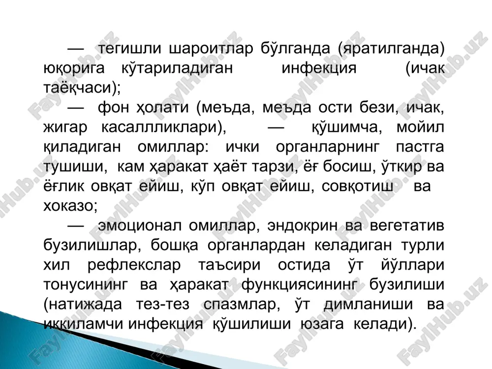 n. asoratlari: angioxolit, jigar zararlanishi (gepatit, jigar tsirrozi), jigar abstsessi, pankreatit, o't pufagi yorilishi, peri­tonit, sepsis, o't yo'li oqma yaralari va b. mezonlar diskineziya turlari surunkali xoletsisto-xolangit o't – tosh kasalligi gipertonik gipotonik anamnez asabiylik,emotsional zo'riqish, vegetativ nerv tizimi labilligi manfiy emotsiya, fizik zo'riqish holsizlik, quvvatsizlik, intoksikatsiya belgilari, poligipovitaminoz biliar tizimi bilan bog'liq bo'lgan oldingi kasalliklar oilaviy moyillik harakterli harakterli harakterli harakterli mavsumiylik kuz- bahor davri harakter-li emas kuz bahor davri harakterli emas kasallik kechishini davomiyligi 1 yilcha 1 – 1,5 yil 1,5 – 2 yil davomiyligi og'riq sindromi: doimiy og'riq harakter-li emas harakterli harakterli harakterli dieta kamchiliklari bilan bog'liq bo'lgan sovuq ovqat istemol qilgandan 30- 40 minutdan keyin 1-1,5 soatdan keyin ko'pincha yog'li ovqatdan keyin 1,5-2 soatdan keyin yog'li, qovurilgan ovqatdan keyin ovqat istemol qilishi bilan boshlanadi xurujsimon og'riq harakterli yo'q harakterli zo'rayganda o'ng qovurg'a ravog'i ostida og'riq lokalizatsiyasi harakterli harakterli harakterli harakterli simillovchi to'mtoq og'riq yo'q harakterli emas …