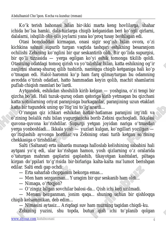 eslolmay turganini ko‘rsatardi. so‘ngra salti ta’rif qildi: — o‘tgan kuz biznikiga mehmon bo‘lib kelishdiku — kelinbibisi bilan birga? o‘shanda necha marta kishi yuborib chaqirtirdim, bormadingiz, otangiz javob ber-madi... zebi bosh tebratdi: — ha, ha... bildim, bildim. o‘zini ko‘rganim yo‘q-ku, eshitib bilaman. — ana o‘sha qiz o‘sha safar kelganida meni aytib ketib edi. bahorlashib bir borib kelaman, deb yurib edim. yaqinda yana aytib yuboribdi. shunga teng-to‘shlarim bilan bir borib kelmoqchiman. sizni ham olib boraman... — qachon? zebining bu kalta savolidan salti ko‘p narsani angladi. bu savol zebining iloji bo‘lsa shu kun paranjisini qo‘liga olib (yopinib ham o‘tirmasdan!), shu yerdan uzoqlashmoq uchun talpinganini ko‘rsatardi. shu uchun salti: — men sizni olib ketgali keldim, aylanay! — dedi. va ikki yosh bola nihoyasiz quvonchlar ichida yana bir-birlariga chirmashdilar... * * * odatda onaning ko‘ngli yumshoq bo‘ladi. zebining onasi — qurbonbibi saltidan haligi chaqiriqni eshitgandan keyin darhol rozilik berdi: — mayli, o‘ynab, yozilib kelinglar. qish …