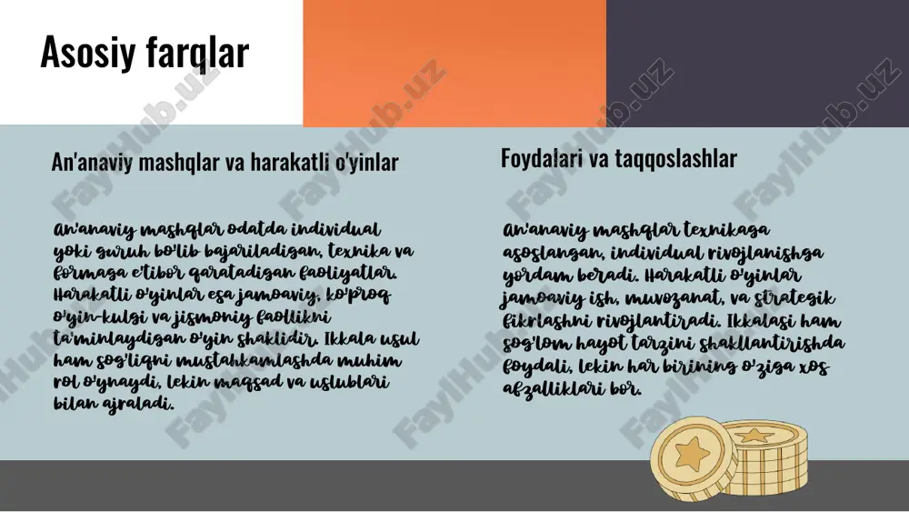 irgalikda qo'llash samarali. xususiyatlar an'anaviy mashqlar tartibli va qoidalarga ega. harakatli o'yinlar ijodiy, moslashuvchan va ijtimoiy aloqalarni rivojlantiradi. afzalliklari an'anaviy mashqlar muskullarning kuchi va chidamliligini oshiradi. harakatli o'yinlar chaqqonlik, jamoaviy ish va muvofiqlikni rivojlantiradi. photo by redd francisco on unsplash mashqlar va o'yinlar: foydalari an'anaviy mashqlar va harakatli o'yinlar jismoniy rivojlanish, ijtimoiy ko'nikmalar va psixologik barqarorlikni mustahkamlashga yordam beradi. ular muskullar va yurak-qon tomir tizimini rivojlantiradi, jamoaviy ish va stressni kamaytirishga xizmat qiladi. photo by marissa grootes on unsplash mashqlar va o'yinlar: kamchiliklari an'anaviy mashqlar ba'zan monoton va qattiq bo'lishi mumkin, bu esa motivatsiya yo'qotilishiga olib keladi. bundan tashqari, noto'g'ri texnika bilan bajarilgan mashqlar jarohatlarga sabab bo'lishi mumkin. shuningdek, bu usulda shaxsiy ehtiyojlar va imkoniyatlar hisobga olinmasligi mumkin. harakatli o'yinlar xavfli harakatlar va nazorat qilinmaydigan muhitda o'tkazilishi mumkin, bu esa jarohatlarga olib keladi. bundan tashqari, ularning ba'zan psixologik stress yoki ortiqcha xavf-xatar bilan bog'liq bo'lishi ehtimoldir. an'anaviy mashqlar kamchiliklari harakatli …