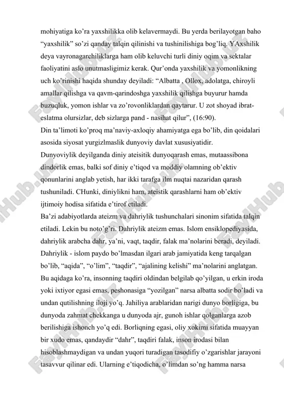 or qiluvchilar: “hayot”) faqat dunyodagi hayotimizdir. (ba’zilarimiz) o’lib, (boshqalarimiz) hayotga kelaveramiz va bizlarni (alloh o’ldirmaydi, balki) faqat zamon (o’tishi) gina o’ldiradi”, dedilar. holbuki ular uchun bu to’g’rida biron bilim – hujjat yo’qdir. ular faqat (shunday) gumon qilurlar holos.” din uchun talofatli omillardan shuni aytish mumkinki, bir konfessiya ichida turli guruhlar vujudga kelishidir. mamlakatimizda mutloq ko’pchilik e’tiqod qiladigan islom dinida guruxbozlik – tarafkashlik o’rta asrlarda umuman markaziy osiyo, xususan, o’zbekiston musulmonlari uchun yot bo’lganligi diqqatga sazovardir. diniy firqachilik bizning xalqimizga yot bo’lganligining asosiy sababi shundaki, mintaqmizda o’ziga xos movarounnahr musulmon qonunchiligi – fiqh maktabining rivojlanganligi, u boshqa maktablar ta’sirida bo’lmay, aksincha musulmon qonunshunosligi maktablariga o’z ta’sirini o’tkazib kelganligiga bog’liq edi. markaziy osiyo, xususan o’zbekistonda shunday ilohiyotchi ulomalar bo’lganki, ularning dihosi oldida butun musulmon dunyosi bosh eggan, musulmon dunyosi markaziy osiyoga ta’sir o’tgazuvchi mintaqa emas, aksincha o’zbekistonda qo’lga kiritilgan islomiy yutuqlar ta’sirida bo’lgan mintaqa edi. sobiq sho’ro tuzumi davrida chuqur diniy ilmlarga …