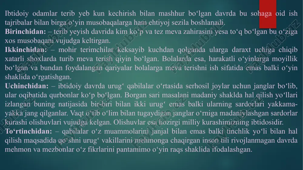 ri oldida taxlab qoʻyilgan) qurol sanchiqni olishga intilayotganligi aks ettirilgan. ovchilik asosida chorvachilik shakllanadi, chorvachilikda muayyan hayvonlar ot, hoʻkiz, eshak, tuya, mehnatidan foydalanish jarayonida ham bu hayvonlar harakatlarini taqlid qiladigan o‘yinlar vujudga keladi. masalan; hush-hush, shohmot, qush haydash, qoʻsh hayda, ilk bor ot egarlash vaqtida qaysar ot kabi o‘yinlar paydo bo‘ladi. shuningdek qoʻy junlarini olish mavsumiy marosimi, qoramol terilarini oshlash va ulardan po‘stin tikish, jun yigirish va kiyim to‘qish anʼanalari, turli qo‘shiqqa raqslar oʻyinlar paydo bo‘lgan. xullas chorvachilik tarmoqlarining har biri masalan; qoramolchilik, qoʻychilik, yilqichilik, parrandachilik, baliqchilik, asalarichilik kabilar bilan bog‘liq oʻziga xos o‘yin odatlar paydo boʻlgan. dehqonchilik vujudga kelishi va rivojlanishi natijasida ikki anʼana birinchisi bahorda mehnat mavsumiga kirish va ikkinchisi kuzda xosilni yig‘ish yakuniga bagʻishlangan marosimlar yuzaga keladi. ayniqsa yoz boʻyi mehnat qilib moʻl hosil yetishtirilgan dehqonlar xursand boʻlganidan oʻziga xos xirmon toʻyini oʻtkazib, unda mehnat jarayonlarini o‘yinlar orqali aks ettirishgan mehnat o‘yinlari yaxshi kayfiyatda bayram holatida o‘tgan. …