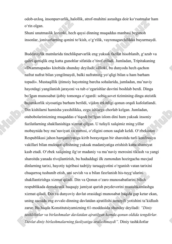 hkamlashga xizmat qiladi. din va dunyoviy davlat orasidagi munosabat haqida gap ketar ekan, uning asosida eng avvalo dinning davlatdan ajratilishi tamoyili yotishini ta’kidlash zarur. bu haqda konstitutsiyamizning 61-moddasida shunday deyiladi: “diniy tashkilotlar va birlashmalar davlatdan ajratilgan hamda qonun oldida tengdirlar. davlat diniy birlashmalarning faoliyatiga aralashmaydi”. diniy tashkilotlar davlatdan ajratilgan bo‘lsa-da, bu dinning jamiyatdan ajratilganini anglatmasligini ta’kidlash zarur. zero, biror dinga e’tiqod qiluvchi fuqarolar ham jamiyatning tarkibiy qismi va shu sababli din fuqarolik jamiyatida o‘z mavqeiga ega bo‘ladi. davlatning dinga bo‘lgan munosabatini ifodalovchi yana bir tamoyil shundan iboratki, davlat dinni xalq ma’naviyatining uzviy qismi sifatida tan oladi. shundan kelib chiqib, uning rivoji uchun tegishli shart-sharoit yaratishga harakat qiladi din sohasidagi davlat siyosati dunyoviy davlatning dinga bo‘lgan munosabatida dindorlarning huquqiy maqomi va davlat tomonidan o‘tkazilayotgan tadbirlarda diniy konfessiyalar haqidagi qonunlarning hayotga tatbiq etilishidek ikki muhim jihat ham bor. o‘zbekiston respublikasining konstitutsiyasida bu masalalar o‘z echimini topgan va u dunyodagi rivojlangan mamlakatlardagi huquqiy-me’yoriy …